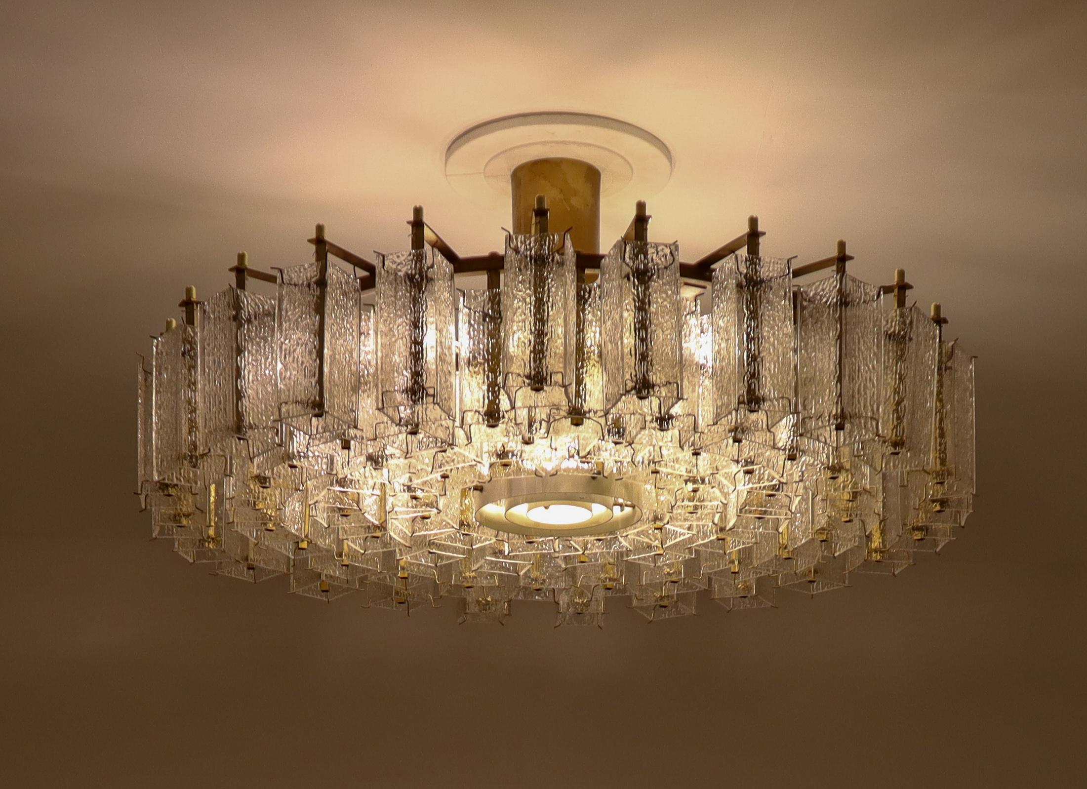European Extreme Large Midcentury Chandelier in Structured Glass and Brass from Europe