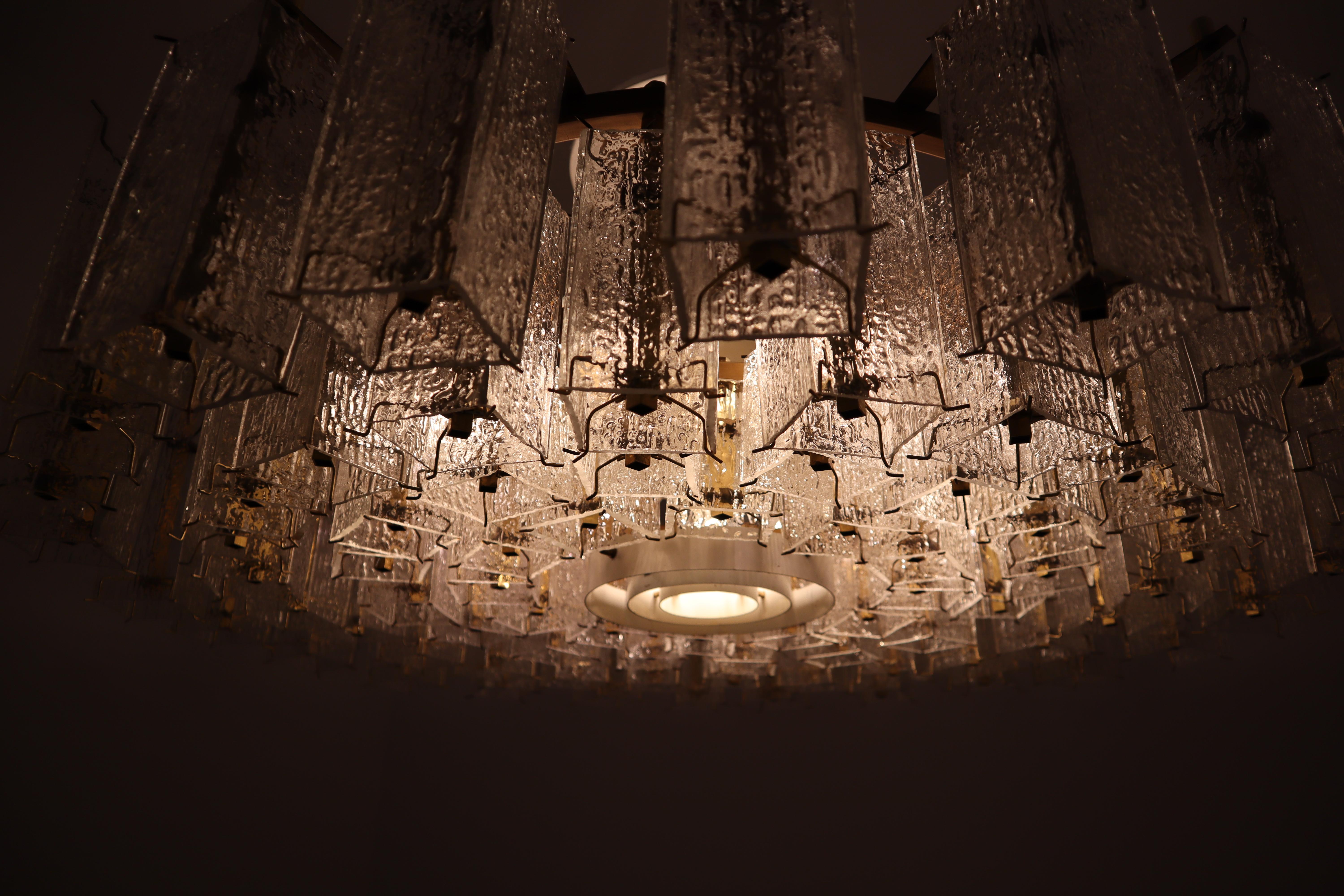 Extreme Large Midcentury Chandeliers in Structured Glass and Brass from Europe 6