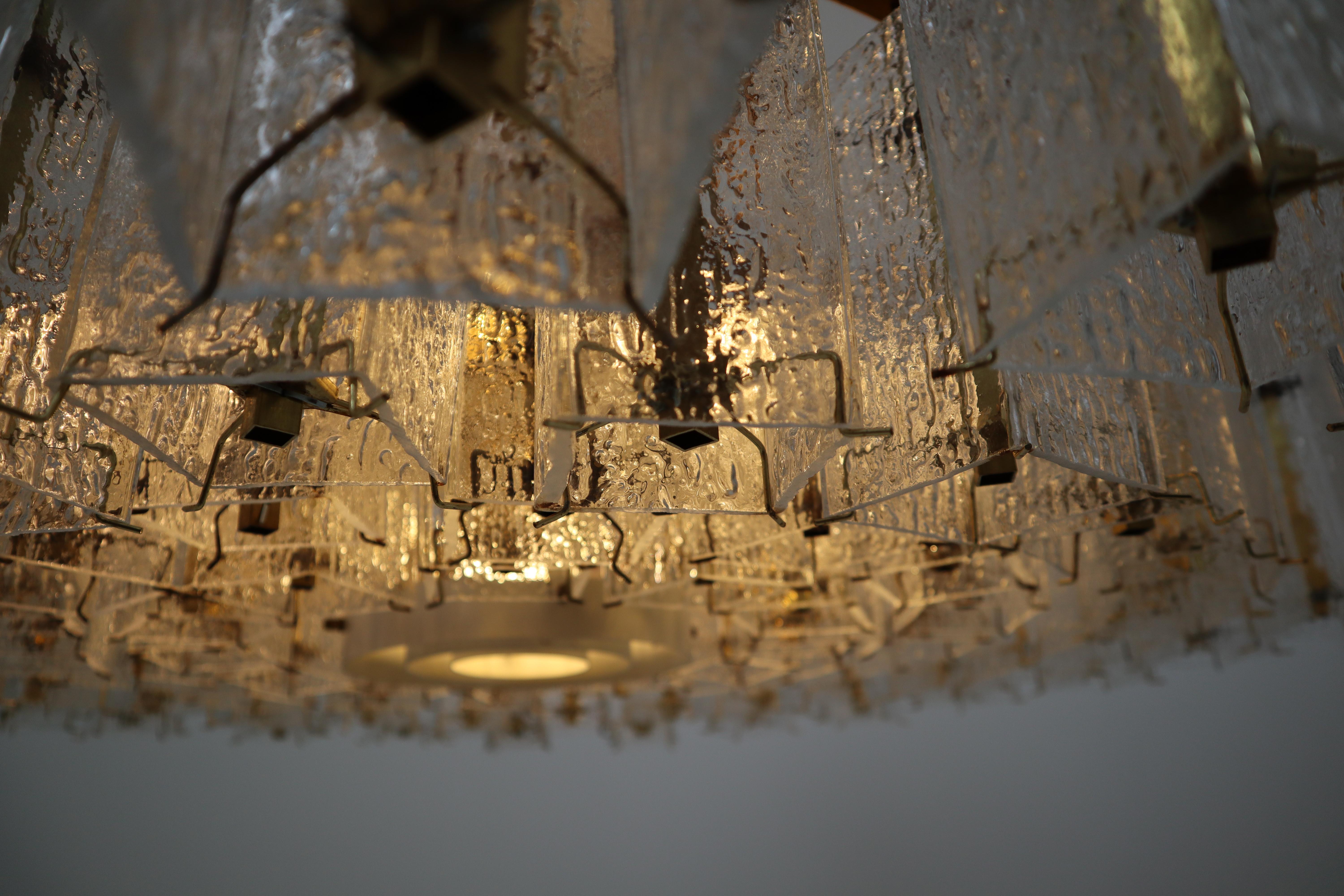 European Extreme Large Midcentury Chandeliers in Structured Glass and Brass from Europe