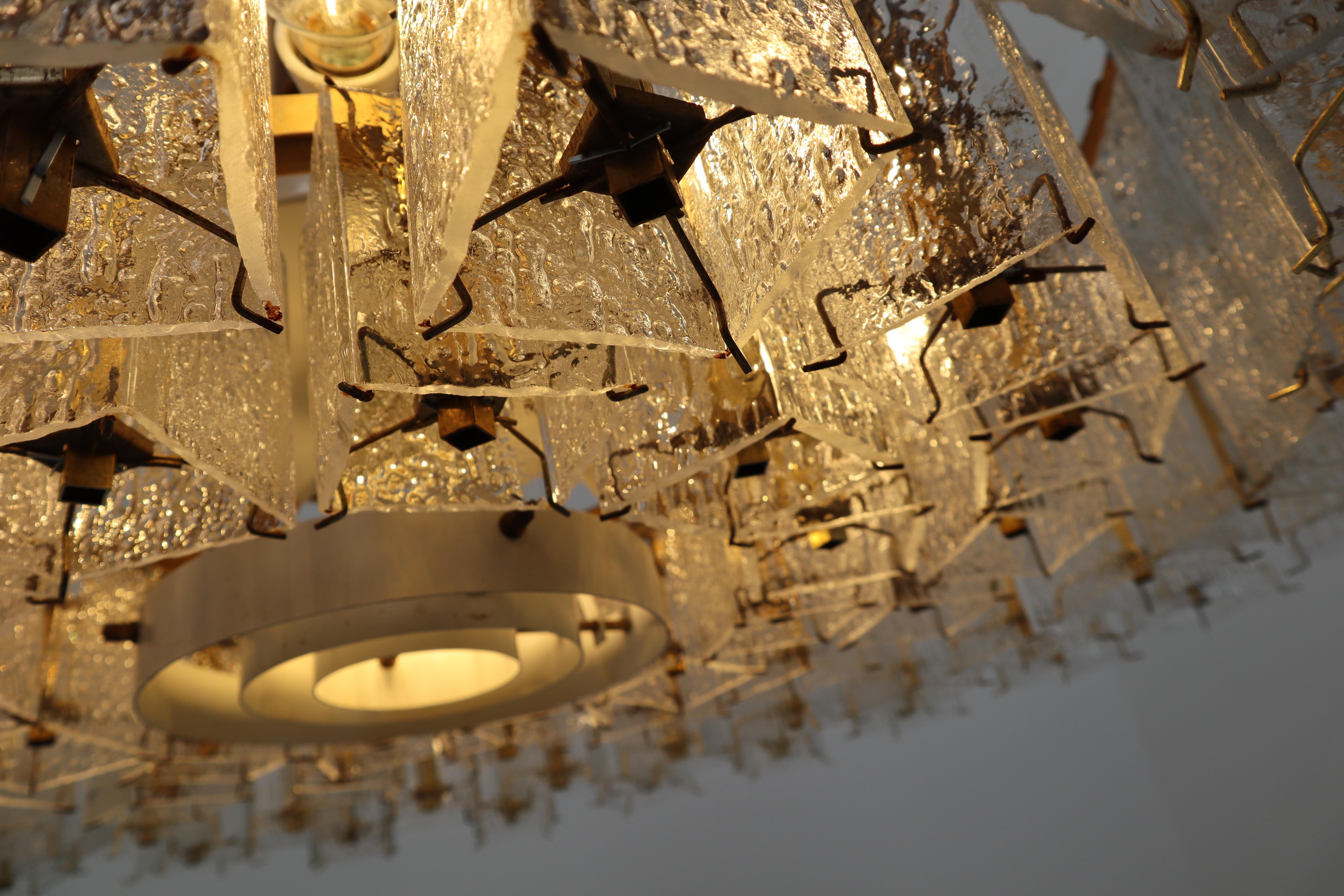 Extreme Large Midcentury Chandeliers in Structured Glass and Brass from Europe In Good Condition In Almelo, NL