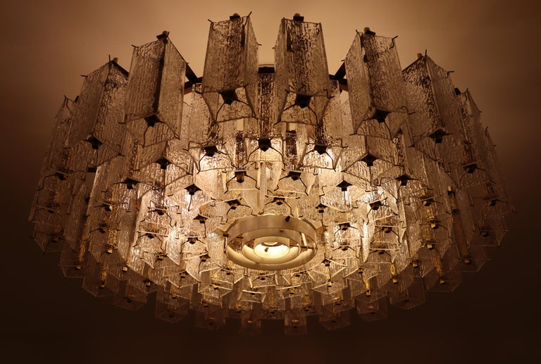 Extreme Large Midcentury Chandeliers in Structured Glass and Brass from Europe For Sale 1