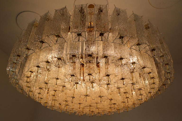 European Extreme Extra Large Midcentury Brass Chandelier in Structured Glass from Europe For Sale