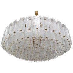 Extreme Extra Large Midcentury Brass Chandelier in Structured Glass from Europe
