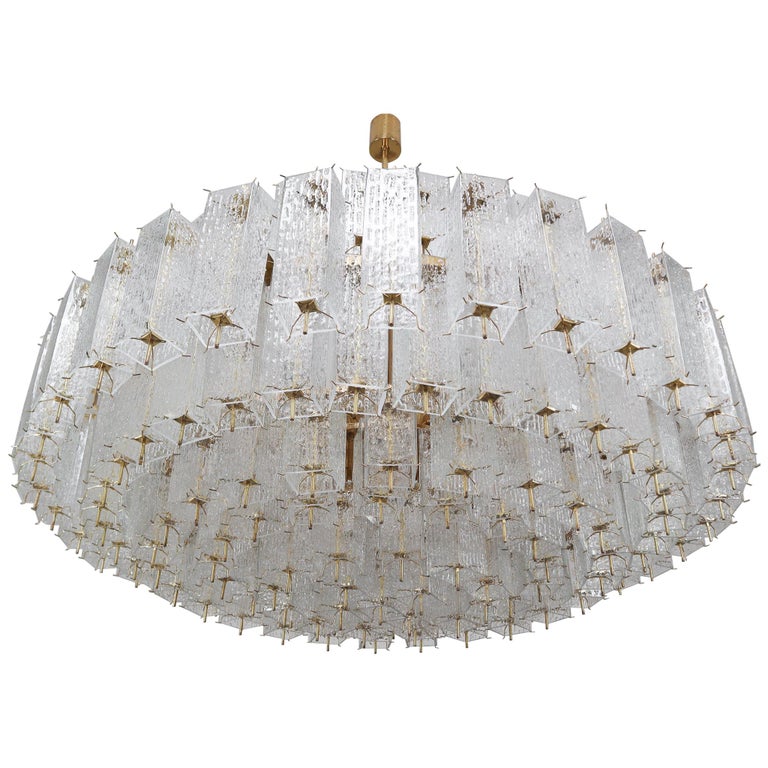 Extreme Extra Large Midcentury Brass Chandelier in Structured Glass from Europe For Sale
