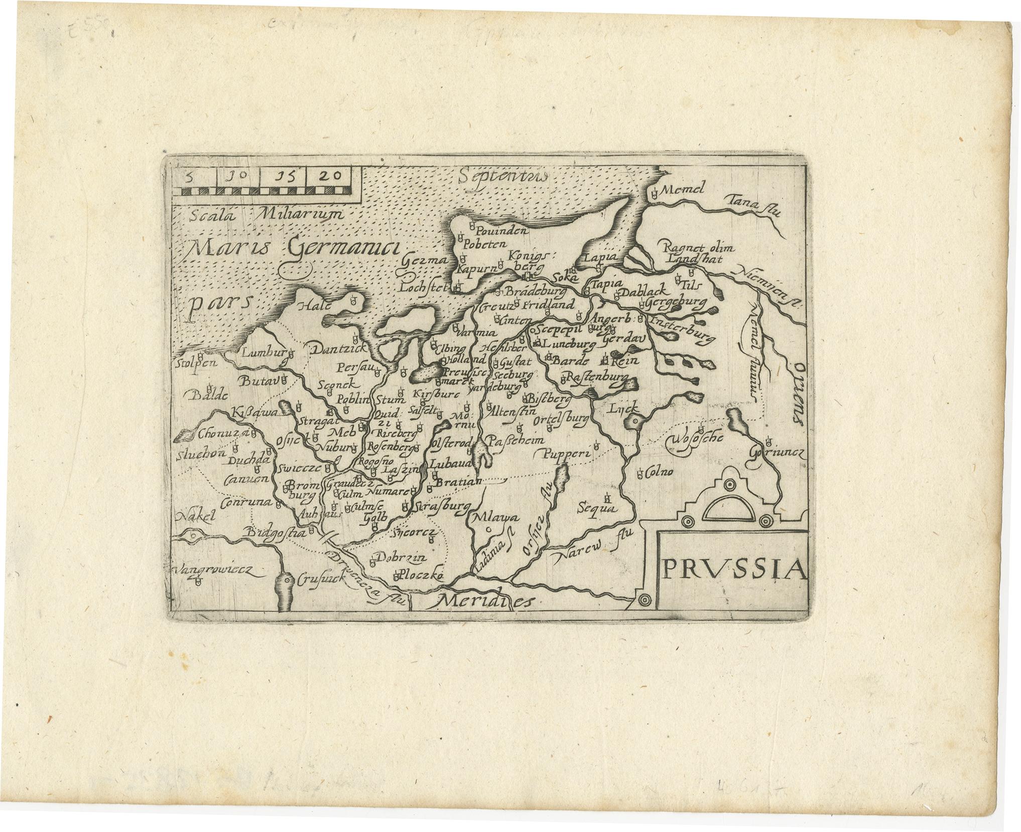 Antique map titled 'Prussia'. Extremele rare, original miniature map of Prussia, a historically prominent German state that originated in 1525 with a duchy centered on the region of Prussia on the southeast coast of the Baltic Sea. Source unknown,