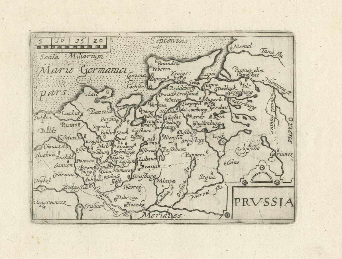 Extremele Rare, Original Miniature Map of Prussia, ca.1640