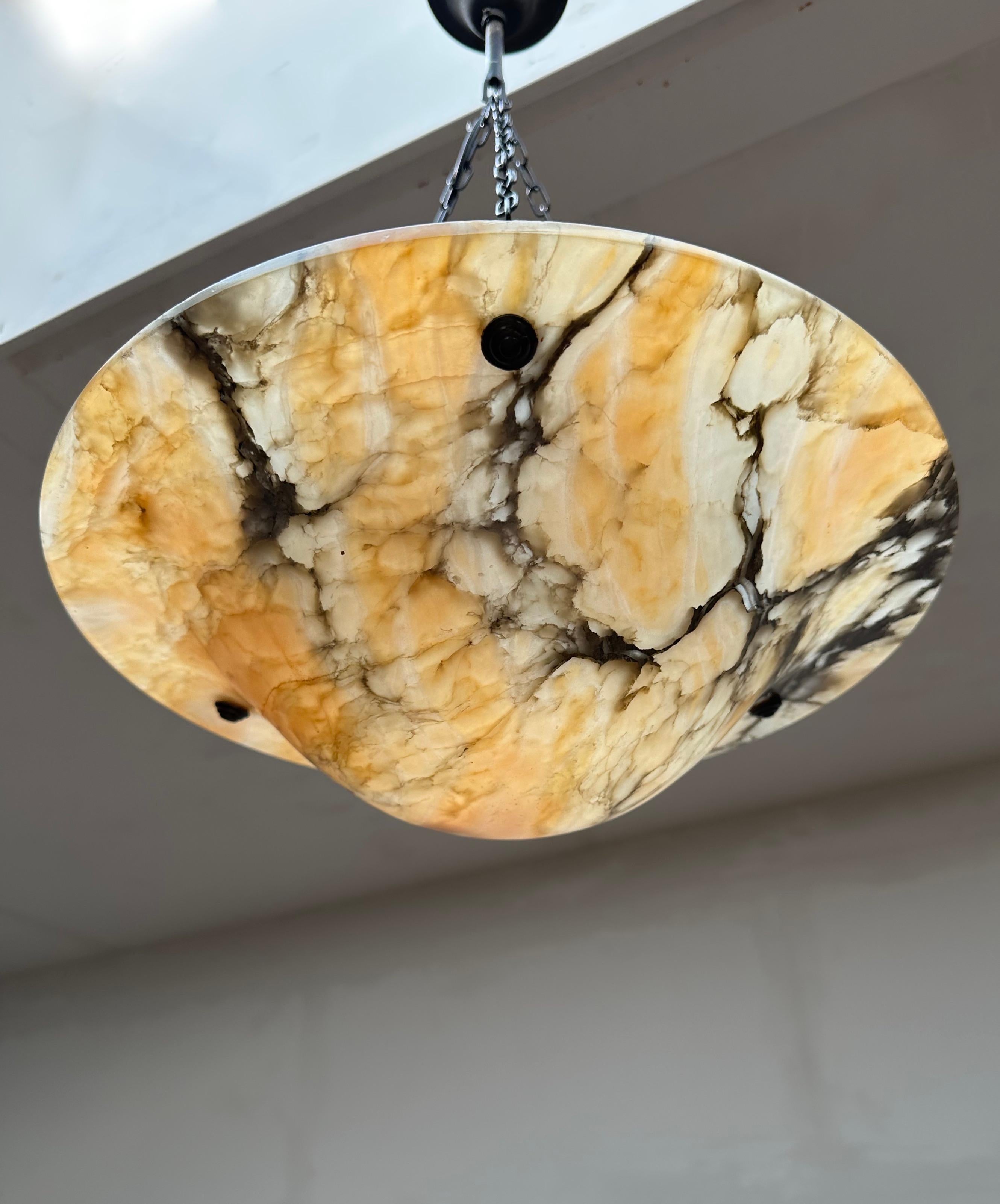 Blackened Extremely Beautiful Mint Alabaster Pendant Light w. Unique Multi Color Patterns For Sale