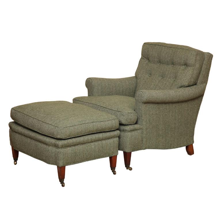 Possibly the most comfortable chair you will ever sit in! 

This extremely comfortable English style lounge chair and matching ottoman with 80% Down-20% Feather cushions are covered in a Lee Jofa Pine Pinstripe Herringbone Fabric. Chair button