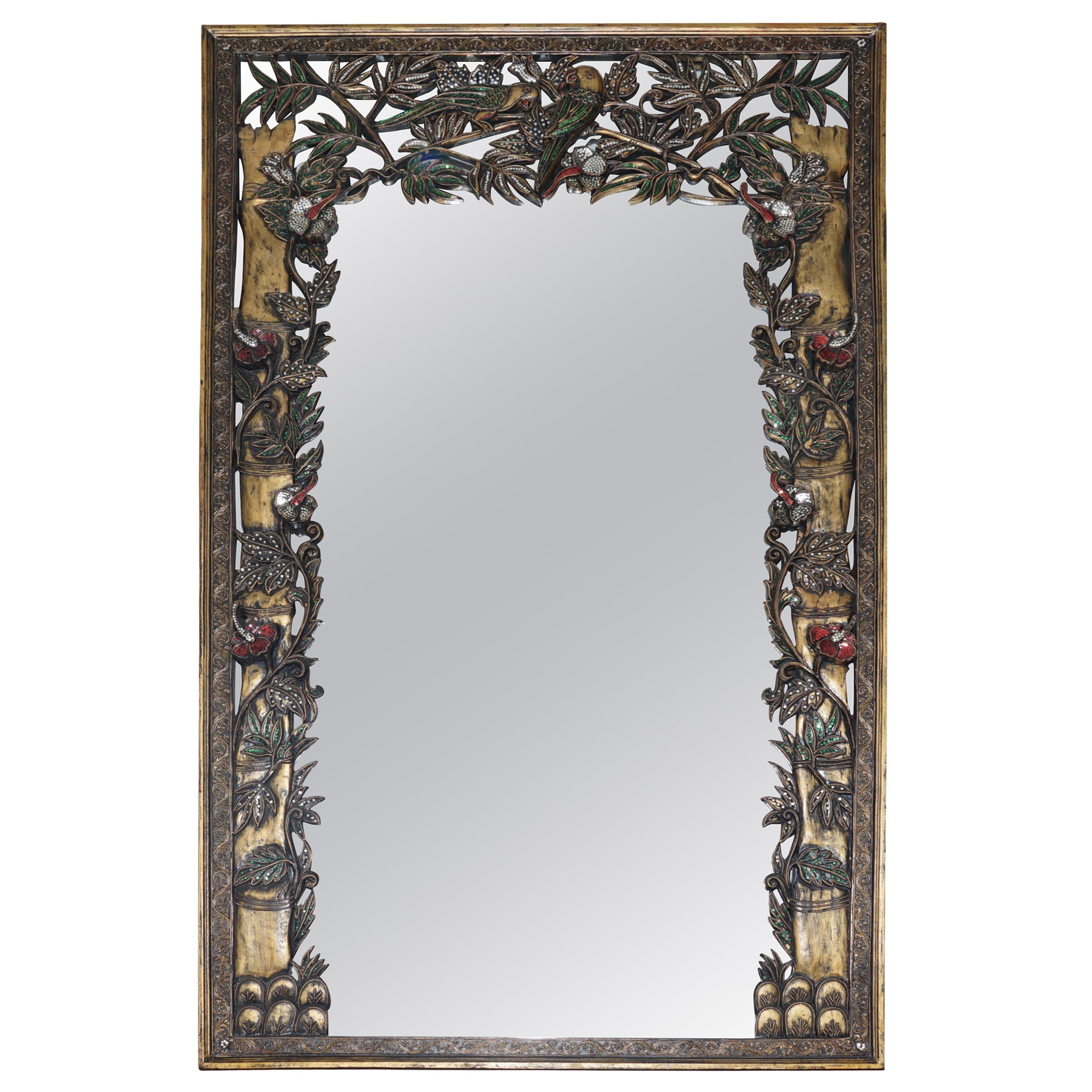 Miroir Birds of Paradise pleine longueur extrêmement décoratif avec détails floraux en vente