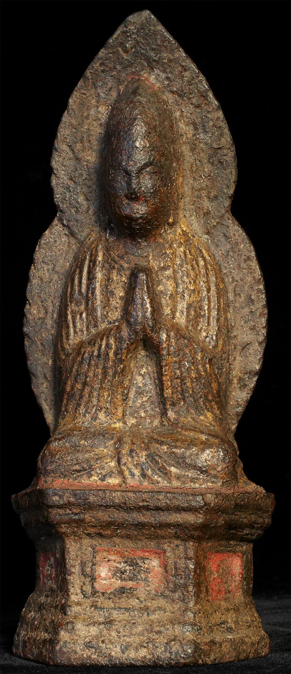 Extremely early Chinese Buddha. This piece measures a substantial  9 1/4 inches tall and 11 inches with its custom base. Rare and special-it has one of the fine ancient patina (look at photos), early carefully rippled robes which still show the