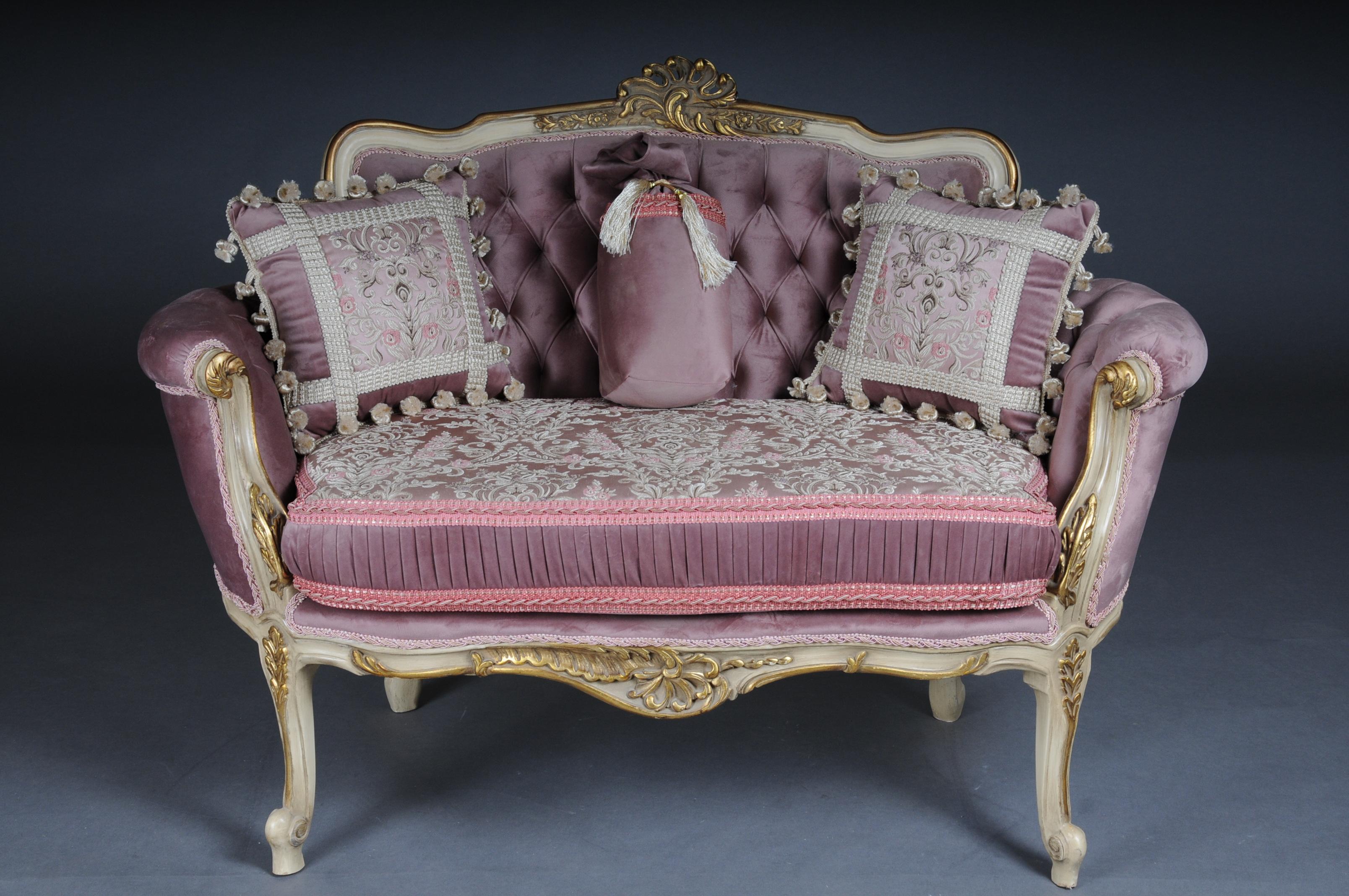 Extremely Elegant French sofa, Louis Seize XVI

Solid beechwood, carved and gilt gilded. Semicircular rising, curved backrest framing with center bar and rocaille crowning. Appropriately curved frame with rich carved foliage. Ornate frame on