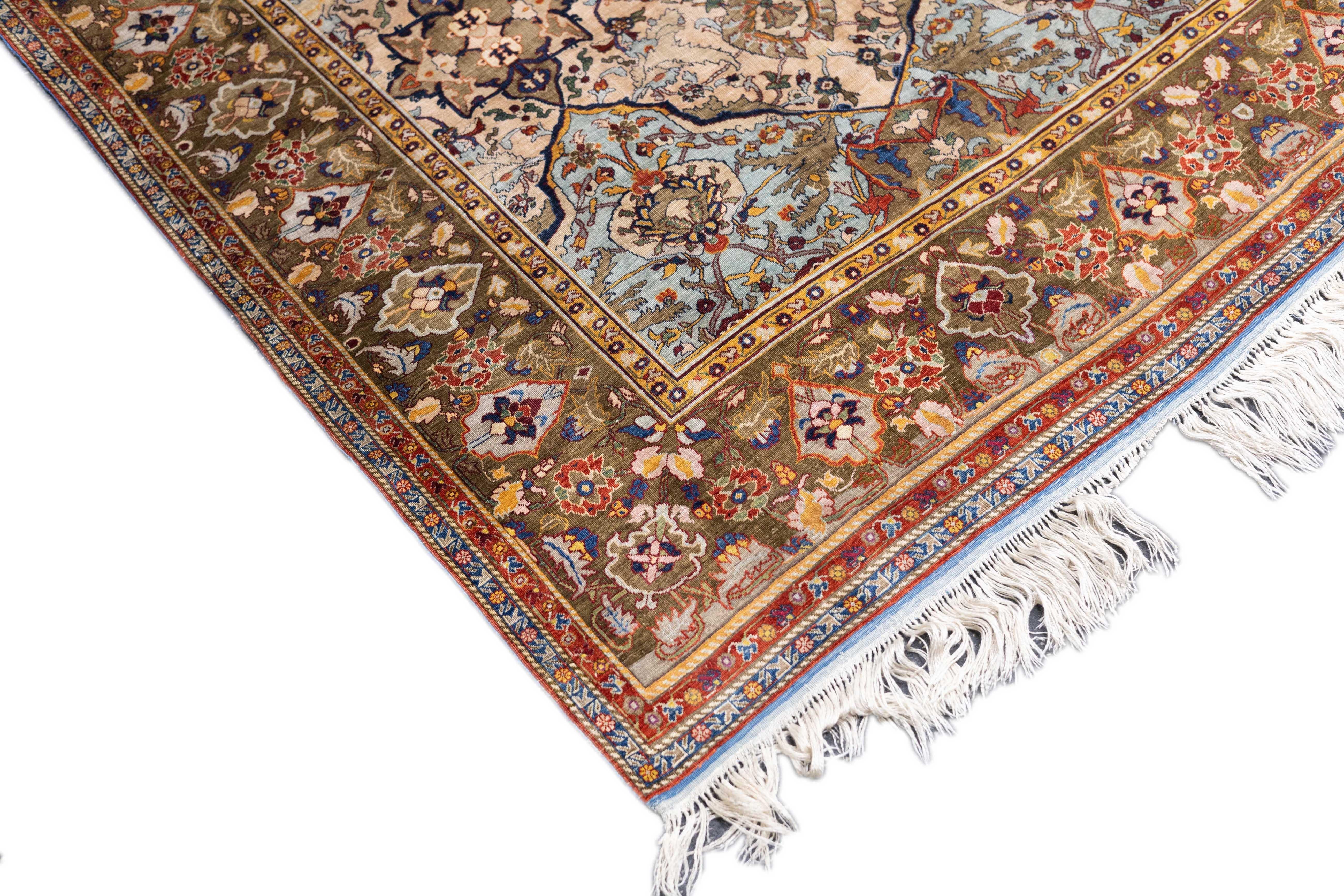 Noué à la main Très beau tapis ancien en soie persane Heriz 4'10
