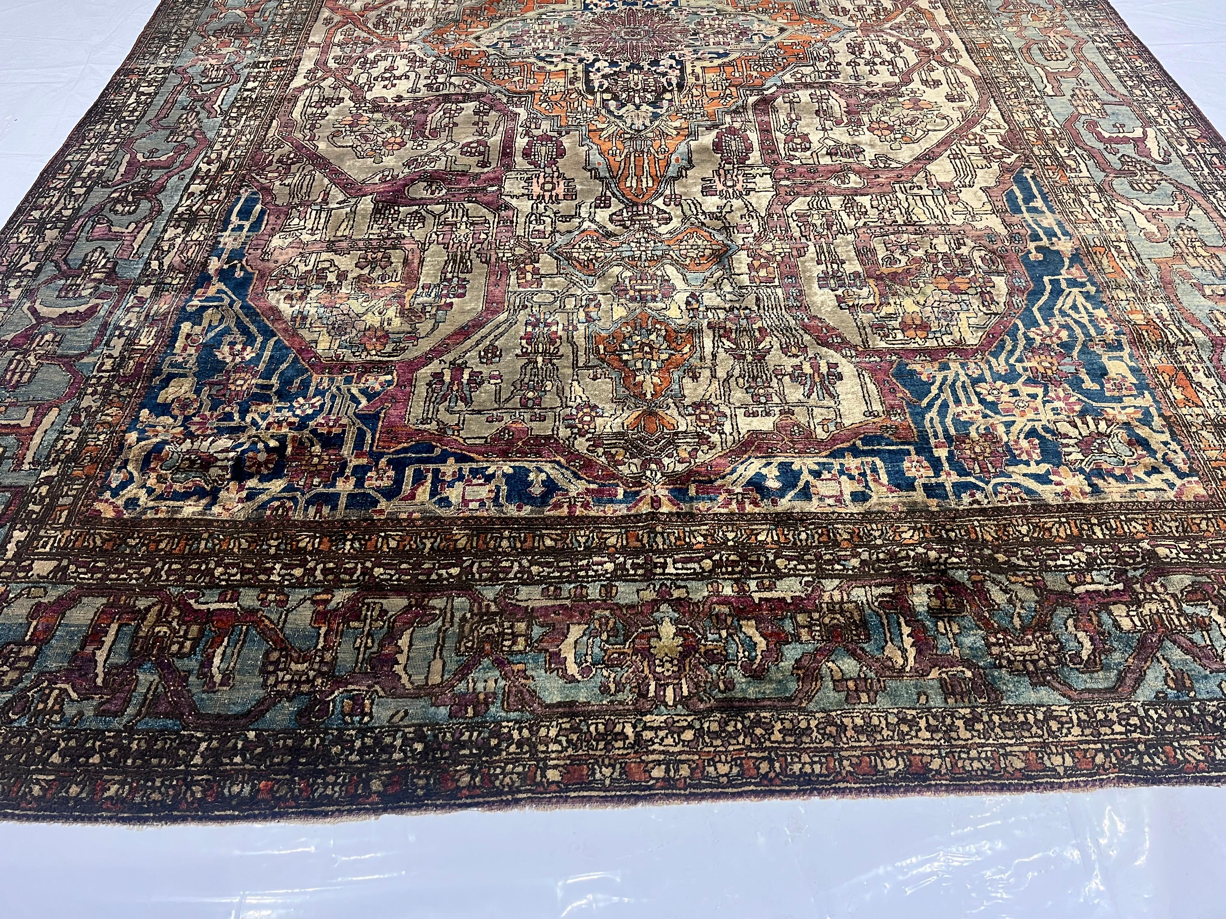 Très beau tapis ancien en soie persane Mohtasham Kashan 6'5