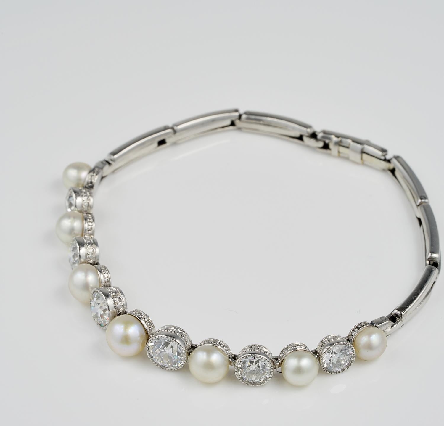 Extremely Fine Edwardian Natural Pearl Diamond Platinum Riviere Bracelet For Sale 1
