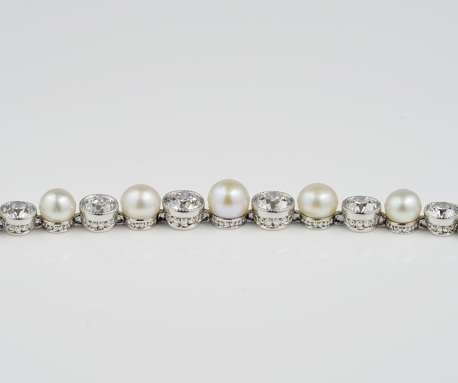 Extremely Fine Edwardian Natural Pearl Diamond Platinum Riviere Bracelet For Sale 2
