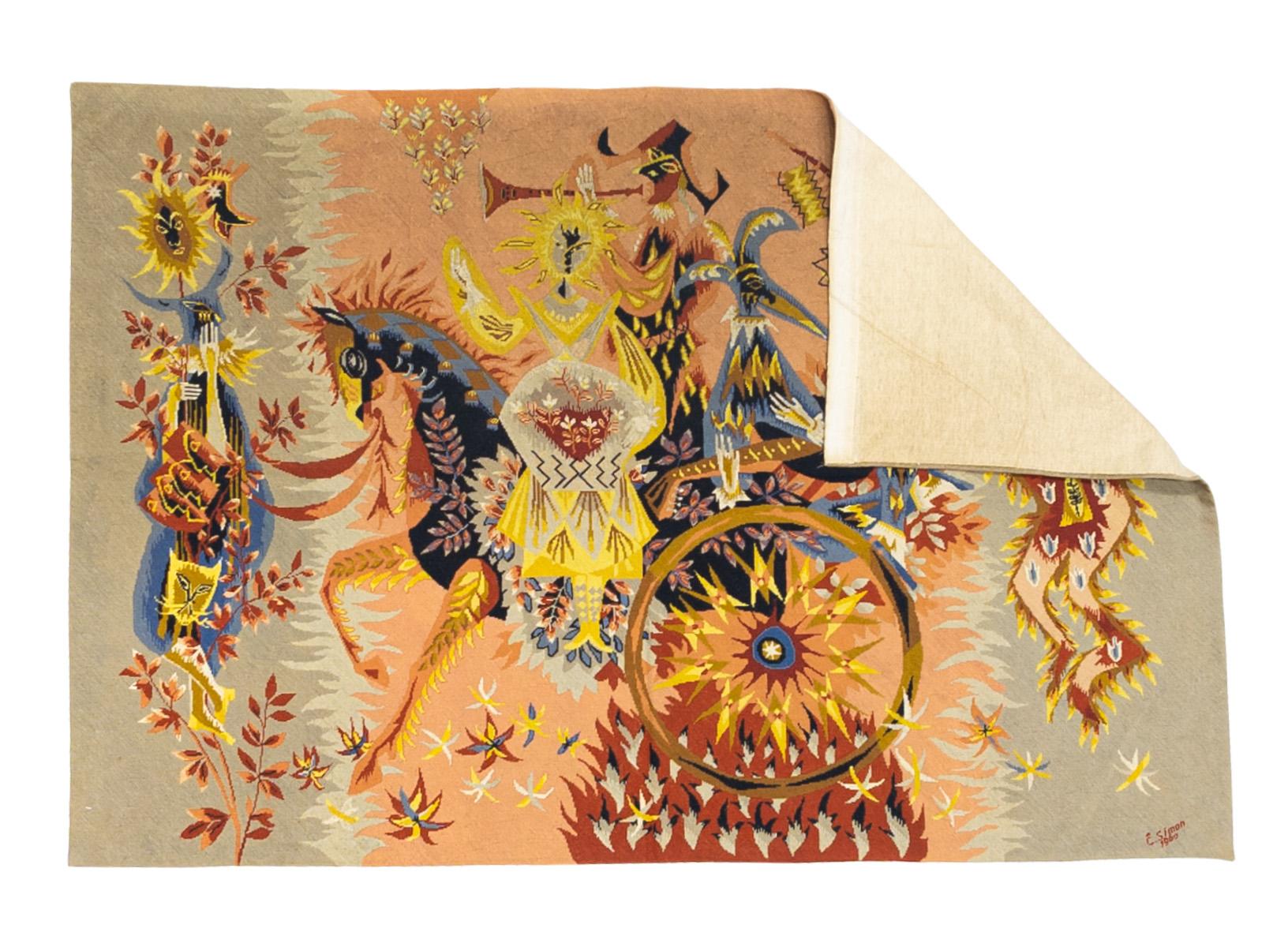 Extrem feine Französisch Mid Century Wandteppich unterzeichnet E. Simon Teppich 4'4