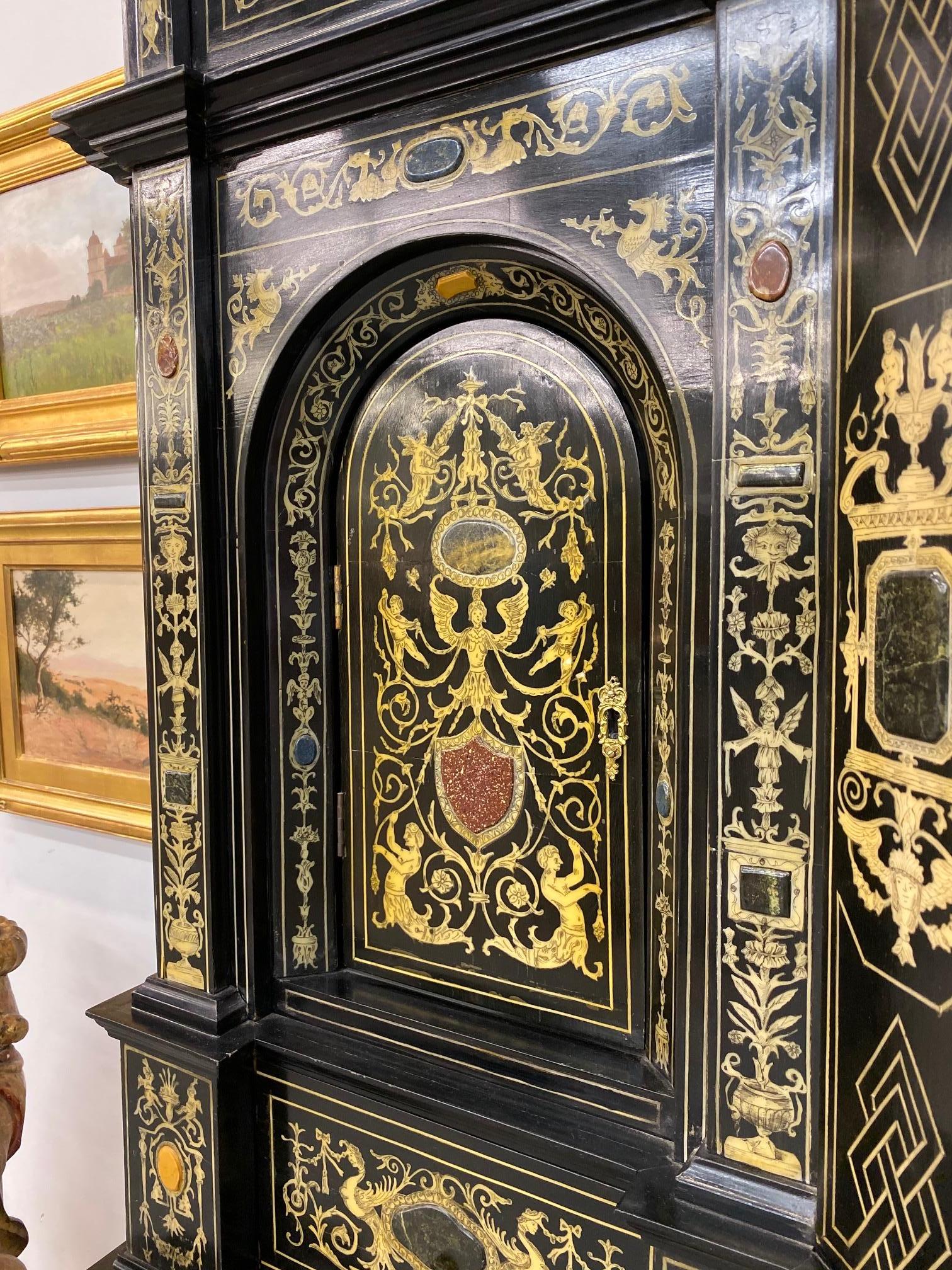 Extremely Fine Italian Baroque Ebonized Wood, Faux Ivory, and Hardstone Cabinet For Sale 2
