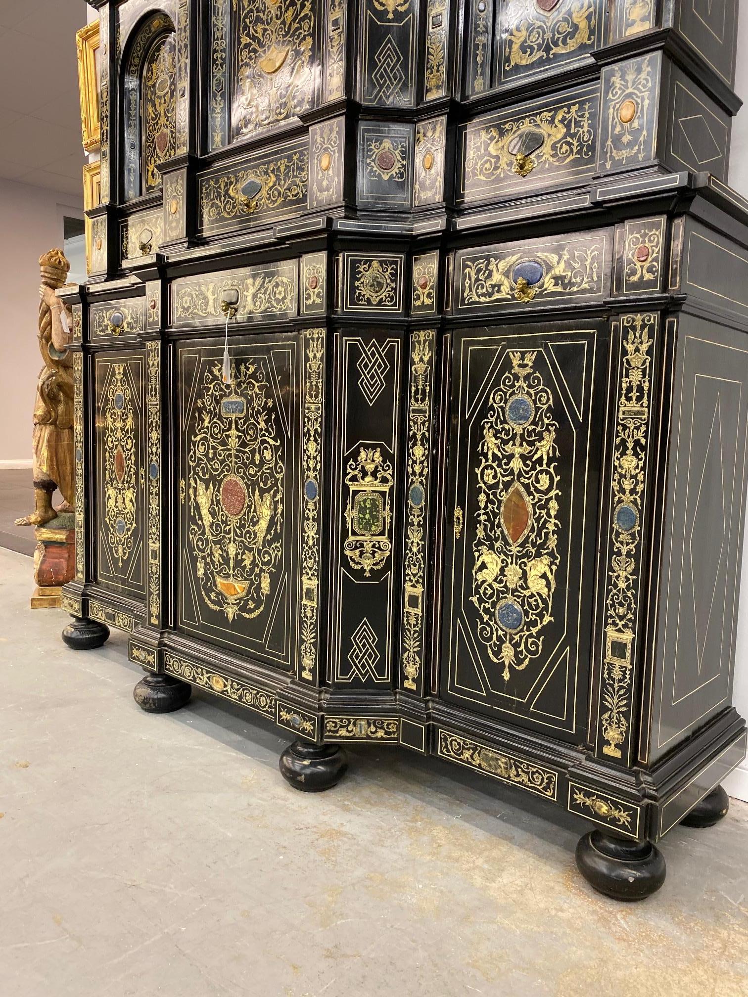 Extremely Fine Italian Baroque Ebonized Wood, Faux Ivory, and Hardstone Cabinet For Sale 6