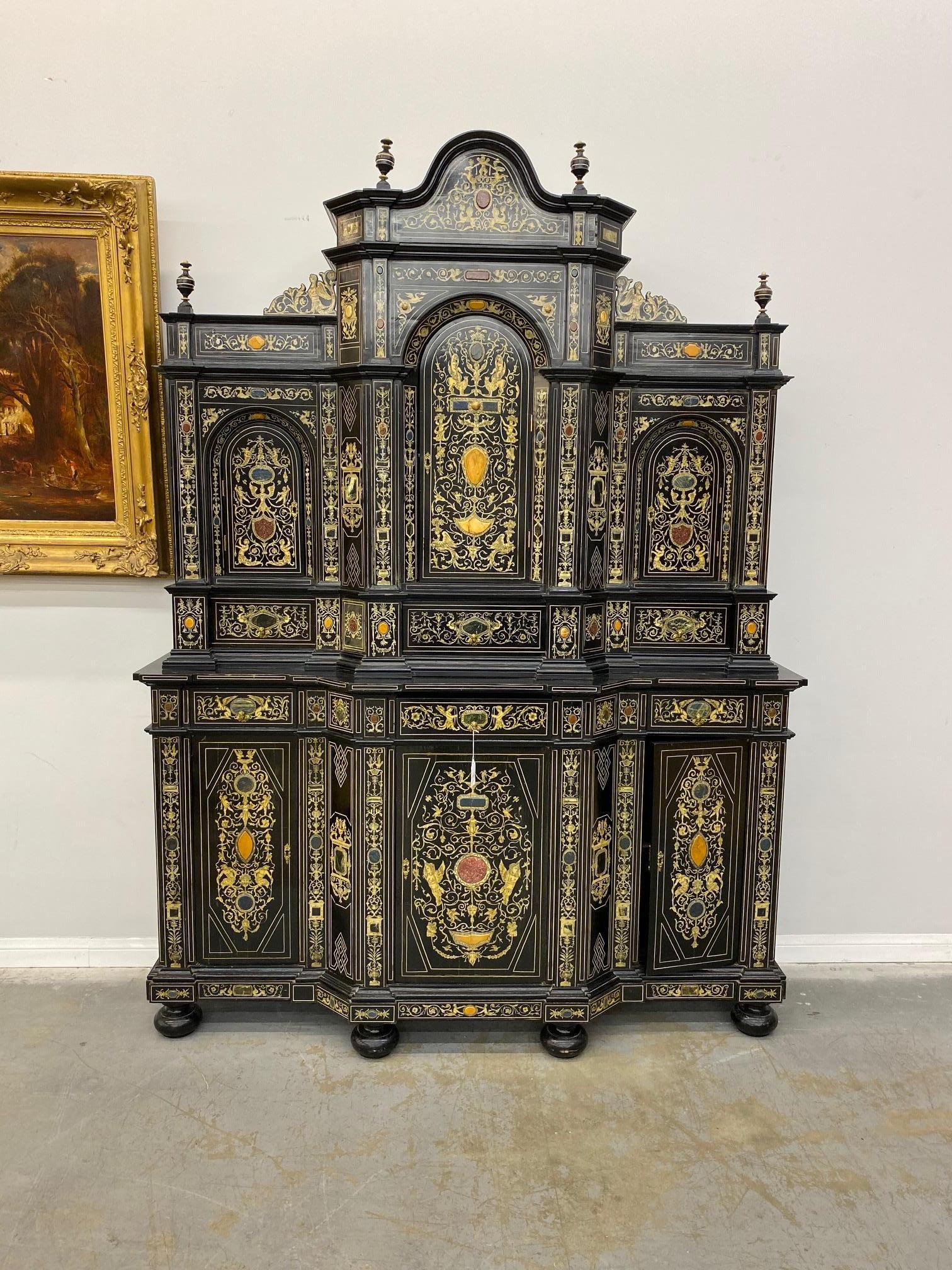 Extremely Fine Italian Baroque Ebonized Wood, Faux Ivory, and Hardstone Cabinet  In Fair Condition In New York, NY