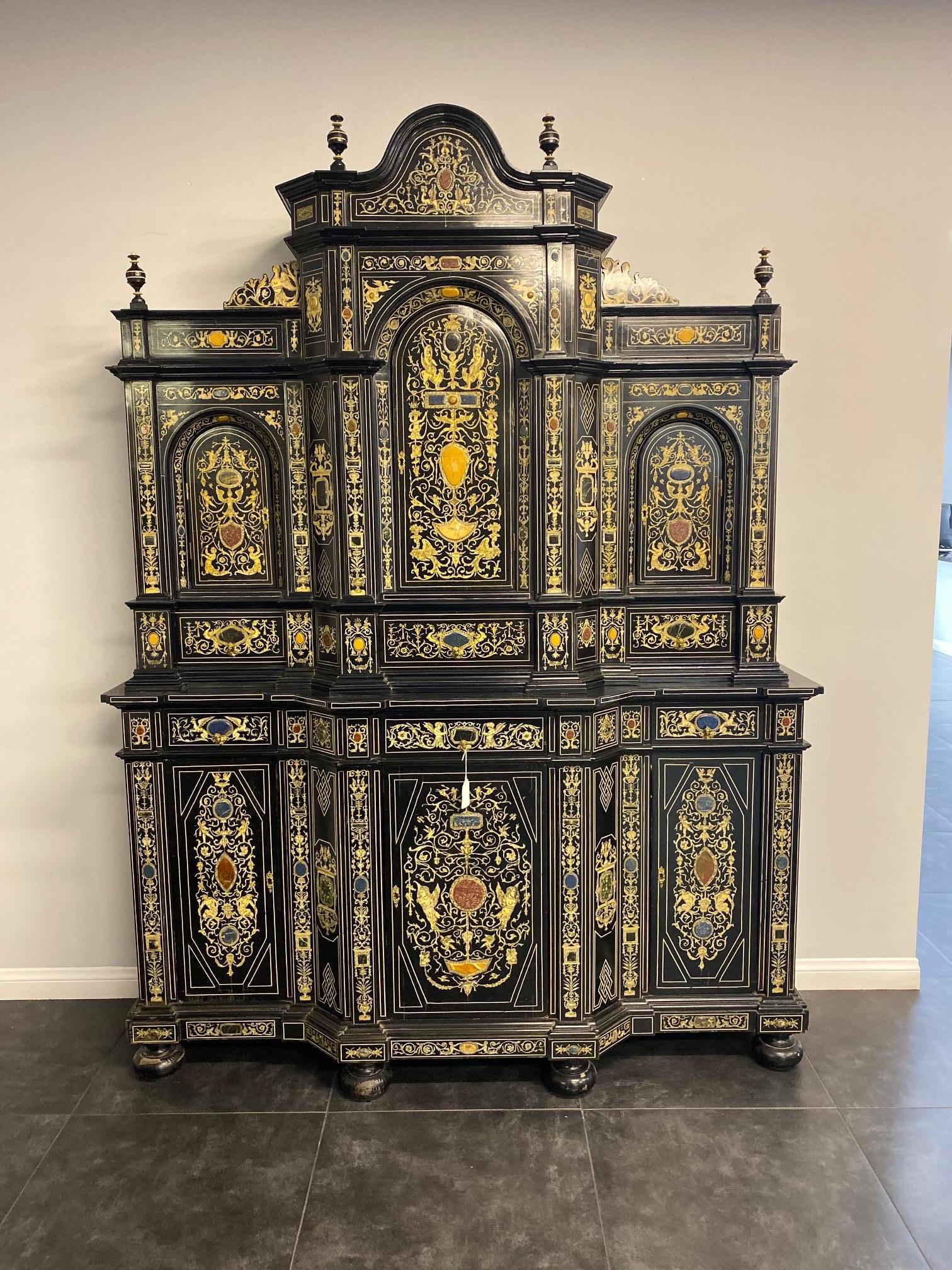 Extremely Fine Italian Baroque Ebonized Wood, Faux Ivory, and Hardstone Cabinet In Fair Condition For Sale In New York, NY
