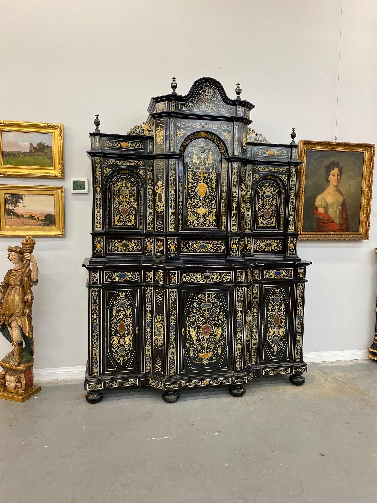 20th Century Extremely Fine Italian Baroque Ebonized Wood, Faux Ivory, and Hardstone Cabinet For Sale
