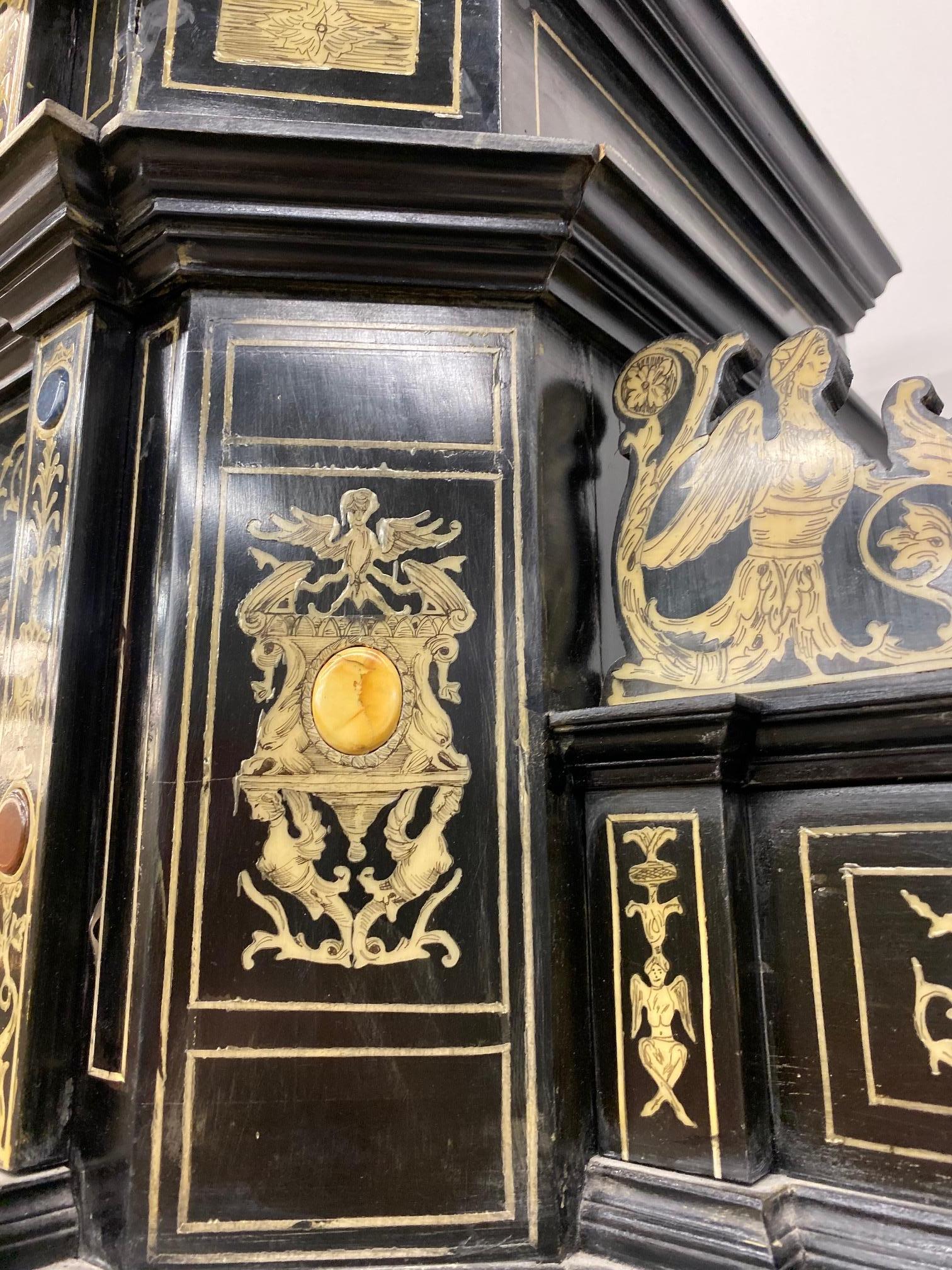 Extremely Fine Italian Baroque Ebonized Wood, Faux Ivory, and Hardstone Cabinet  2