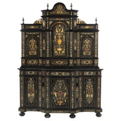 Vintage Extremely Fine Italian Baroque Ebonized Wood, Faux Ivory, and Hardstone Cabinet