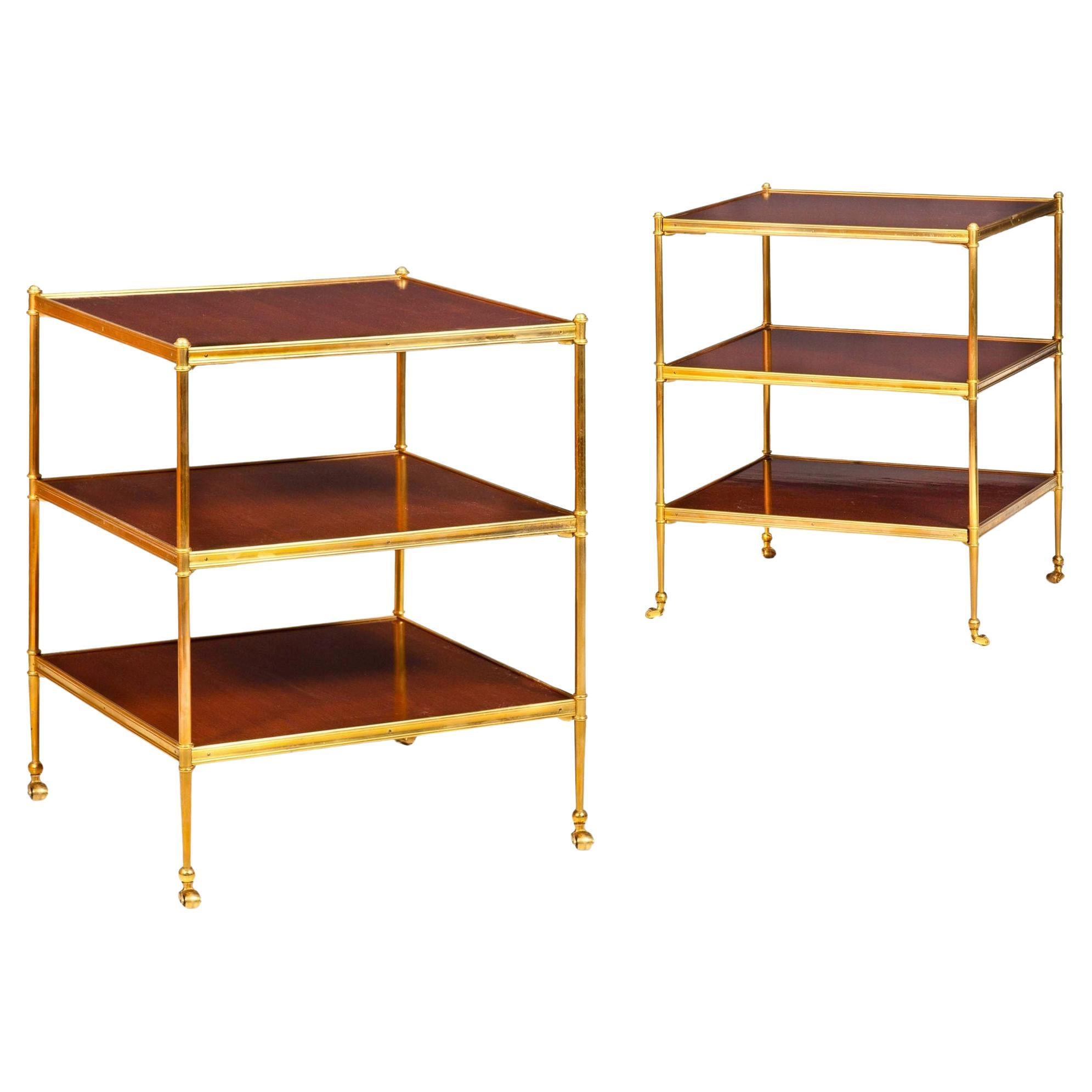 Extremely Fine Pair Three-Tier Mahogany Bronze Side Tables, Jansen attr. For Sale