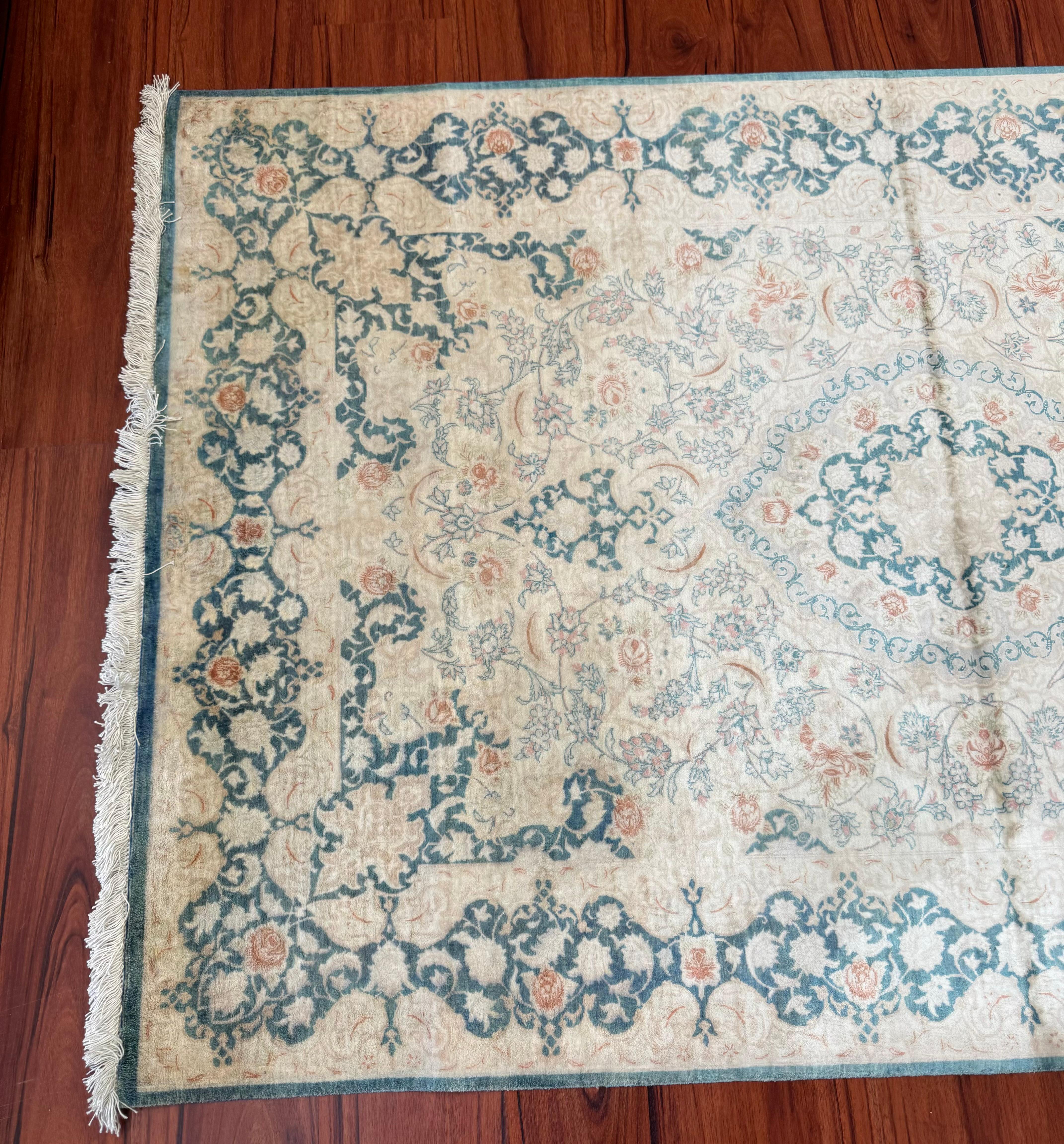 Hand-Woven Extremely Fine Persian Silk Que Rug For Sale