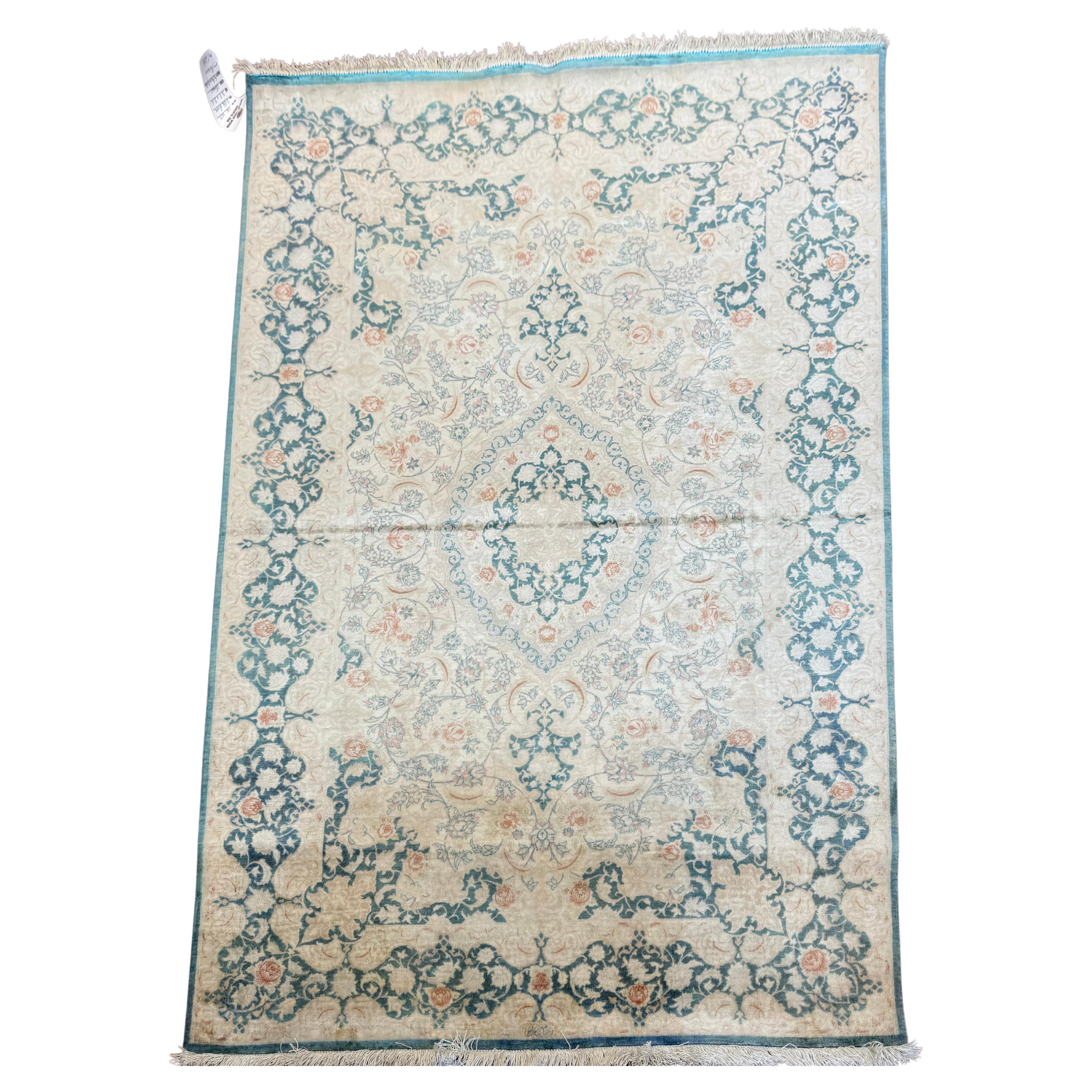 Extremely Fine Persian Silk Que Rug For Sale