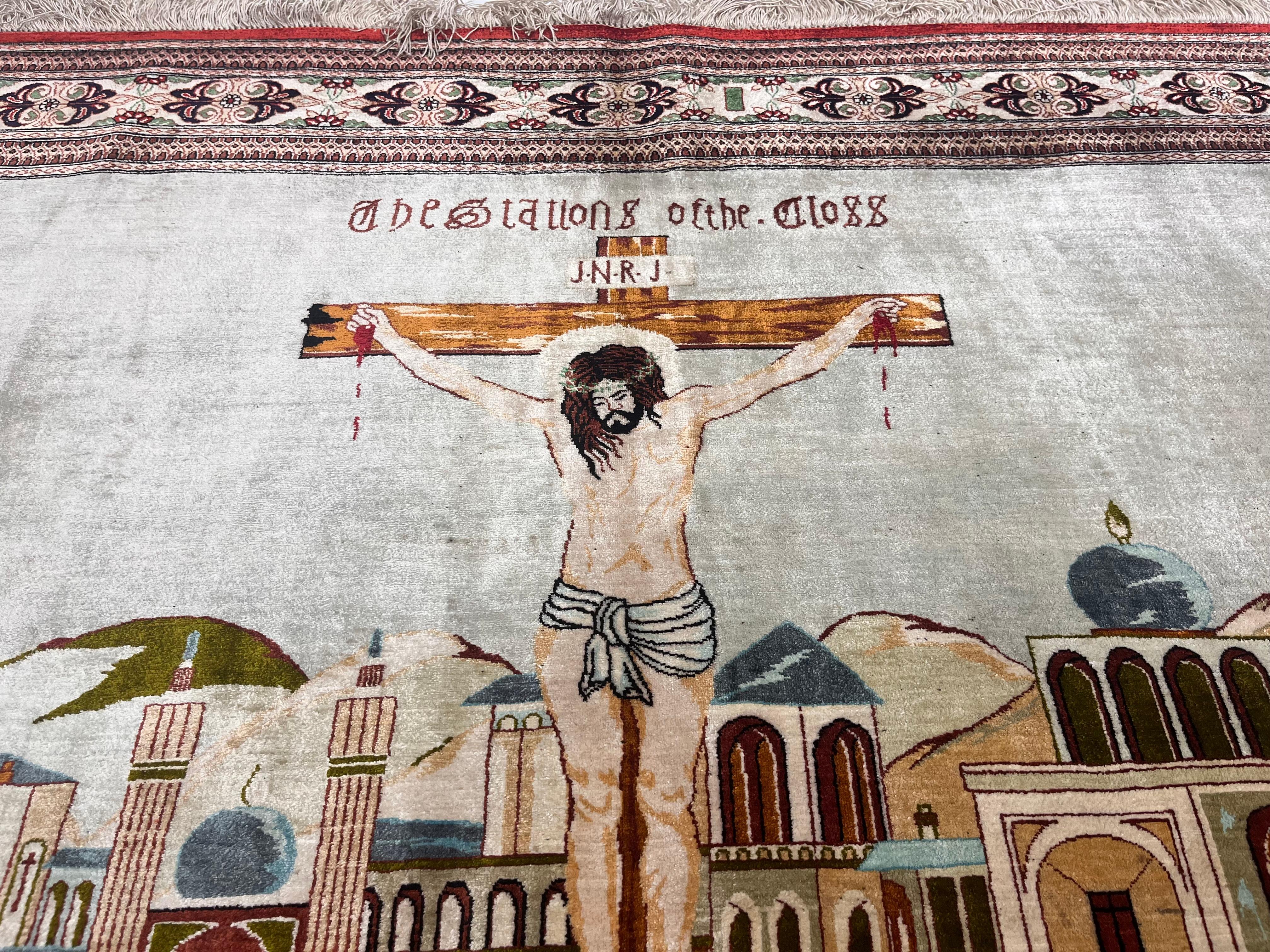 20th Century Extremely Fine Persian Silk Qum Pictorial with Jesus Christ 3’3