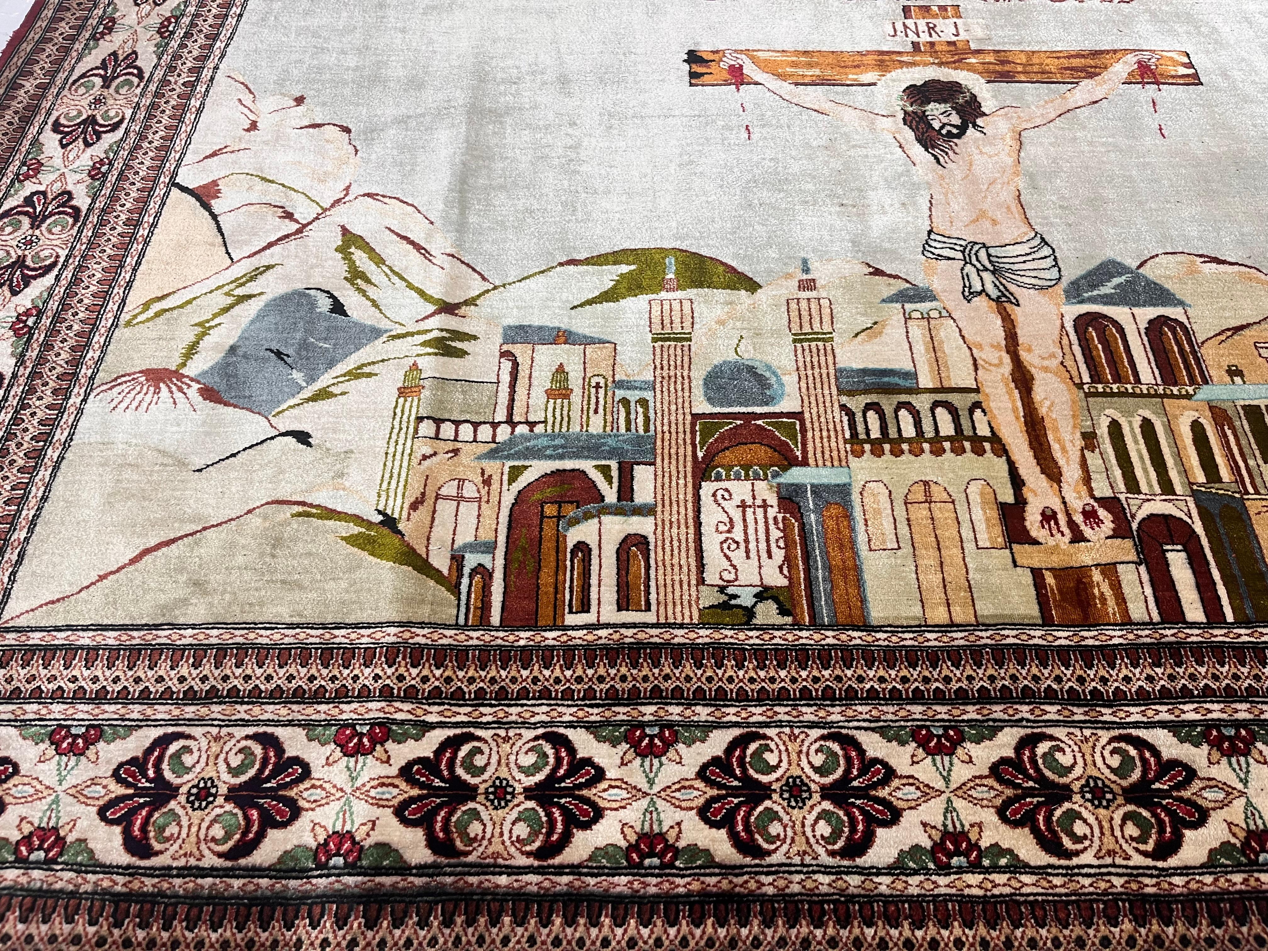 Extremely Fine Persian Silk Qum Pictorial with Jesus Christ 3’3