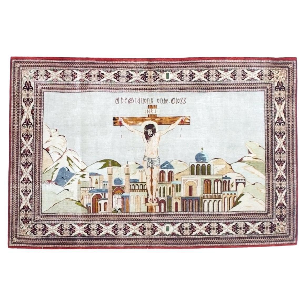 Extremely Fine Persian Silk Qum Pictorial with Jesus Christ 3’3" x 4’11" For Sale