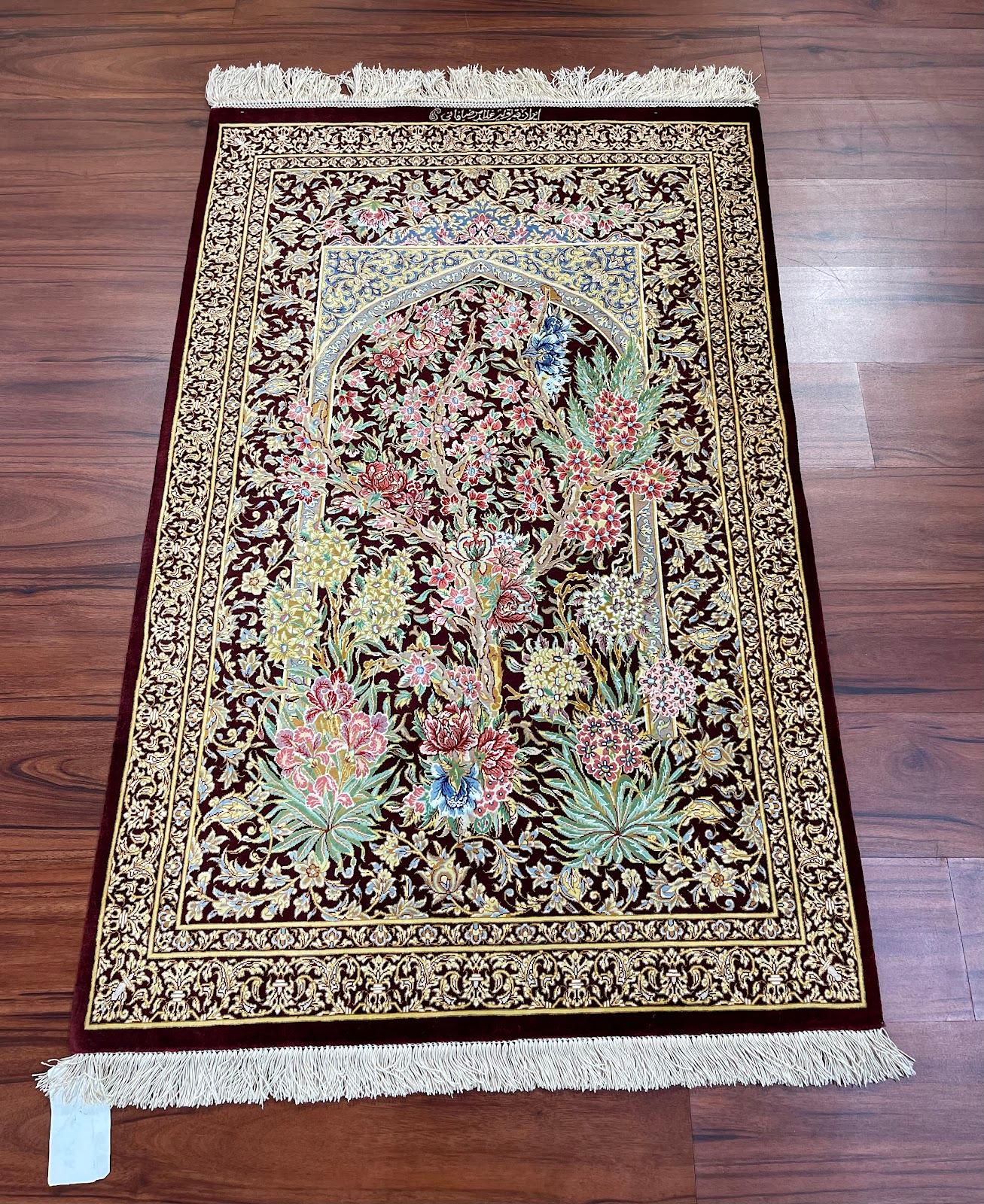 This is a Persian Silk Qum rug originated from iran. The Material is 100% silk. The Dimensions are 2’7”X 4’0” ft. Condition of the item is Excellent. Circa (Date of manufacture) 20th century. 
 