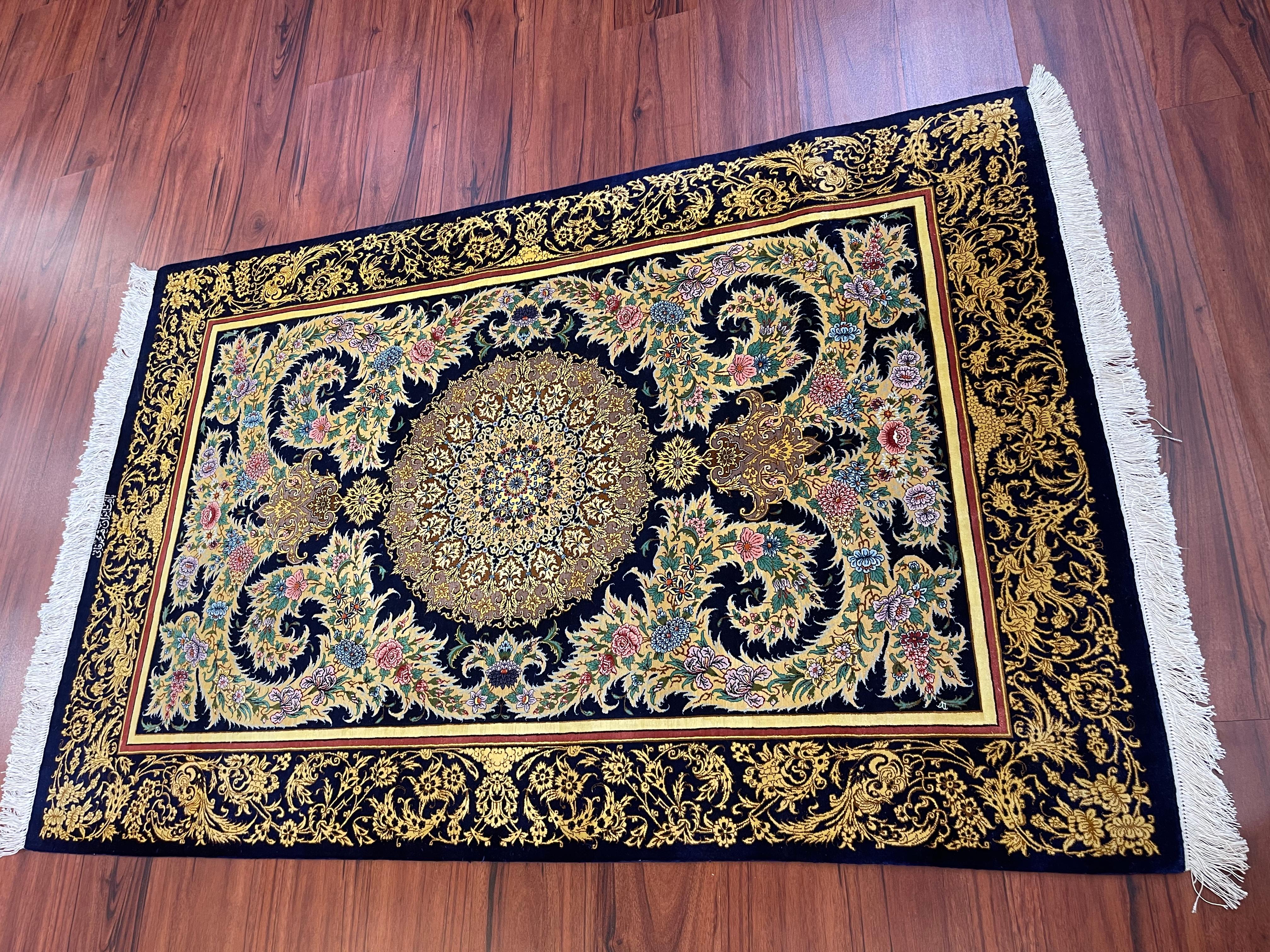 Hand-Woven Extremely Fine Persian Silk Qum Rug For Sale
