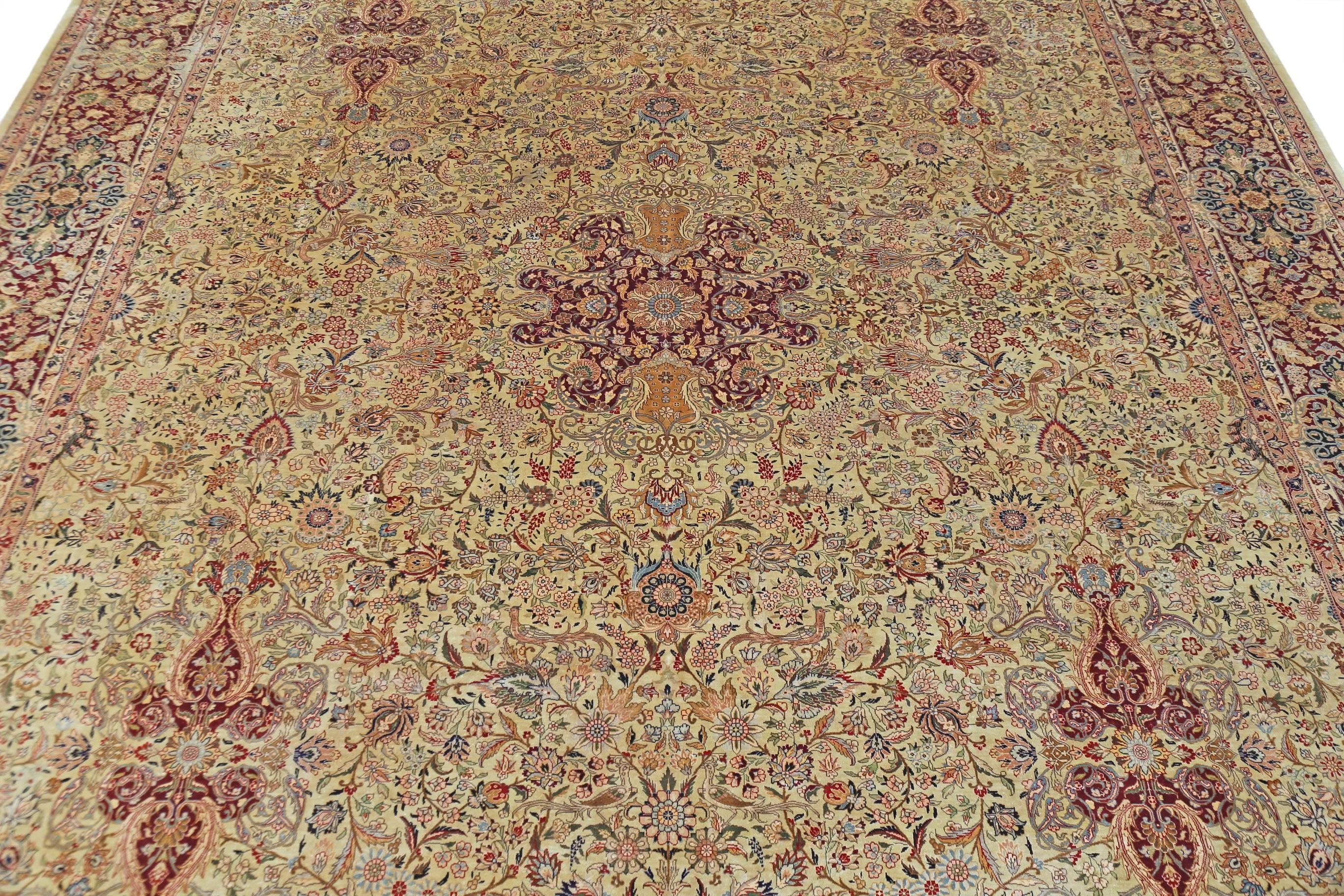 An absolutely stunning 100% silk Sino Hereke rug, originating from China in the 1970s, this masterpiece is the epitome of exquisite craftsmanship and artistic precision. Woven with the utmost attention to detail, it showcases an intricate design and