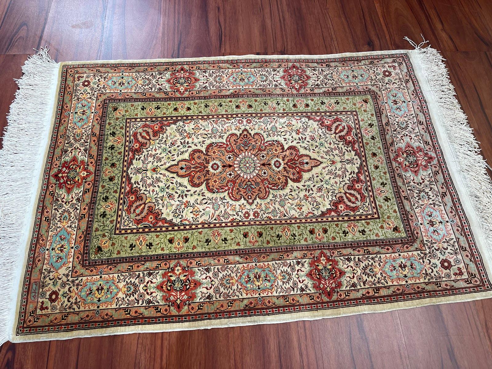 This is a Turkish Silk rug originated from Turkey. The Material is 100% silk. The Dimensions are 2’0”X 3’0” ft. Condition of the item is Purely Excellent. Circa (Date of manufacture) 20th century.

 