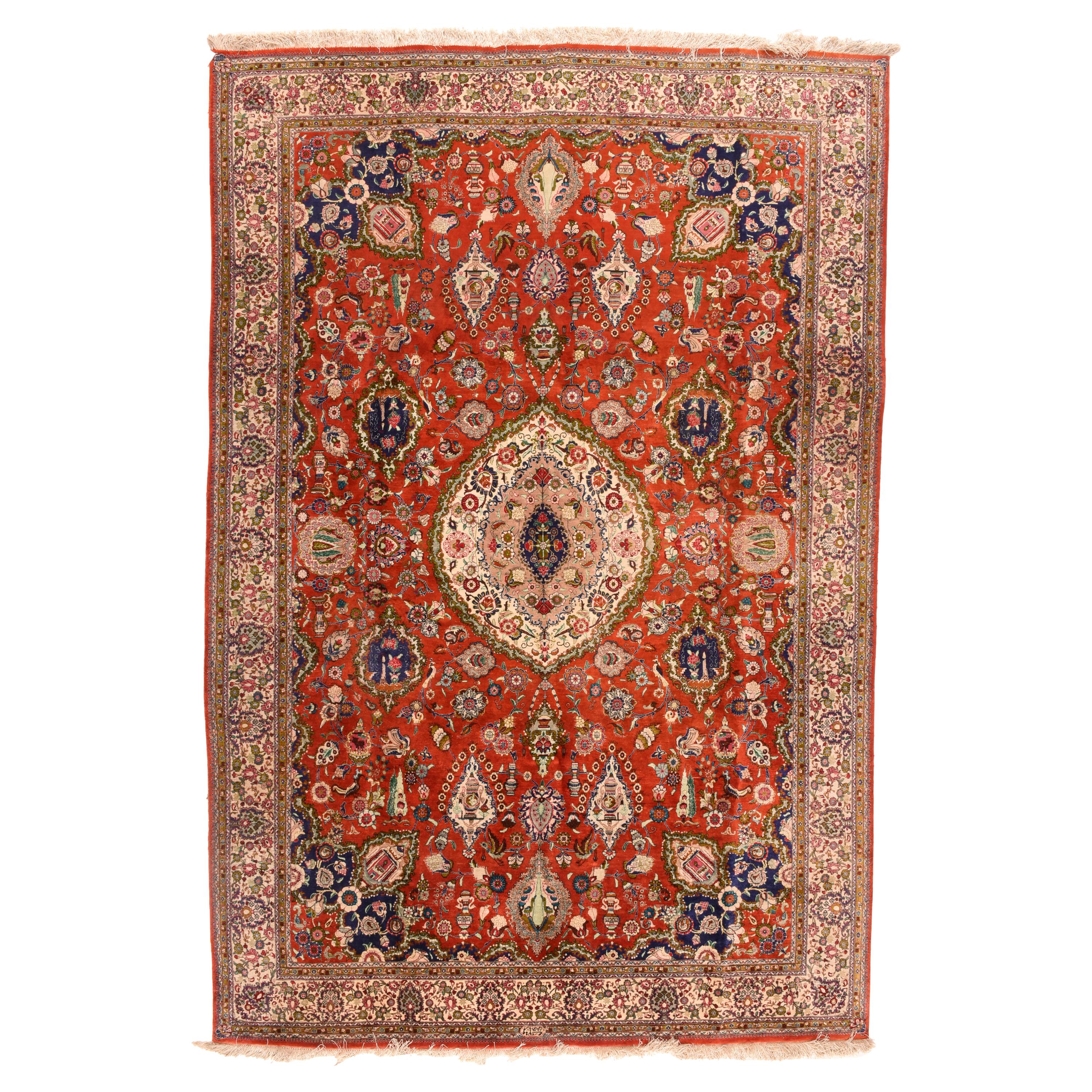 Vintage Fine Red Qum Persian Area Rug, Silk on Silk, circa 1970 For