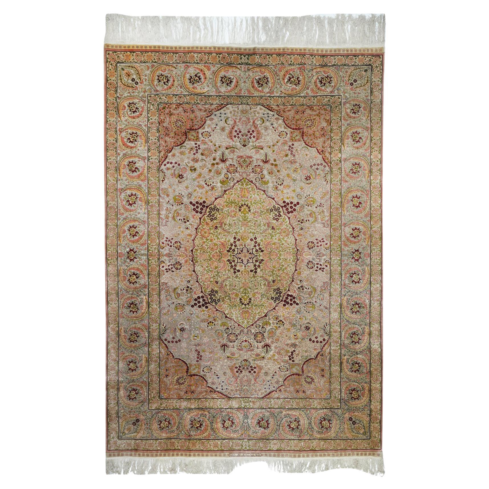 Extremely Fine Vintage Turkish Hereke Silk & Metal Rug 6’11" x 10’3"
