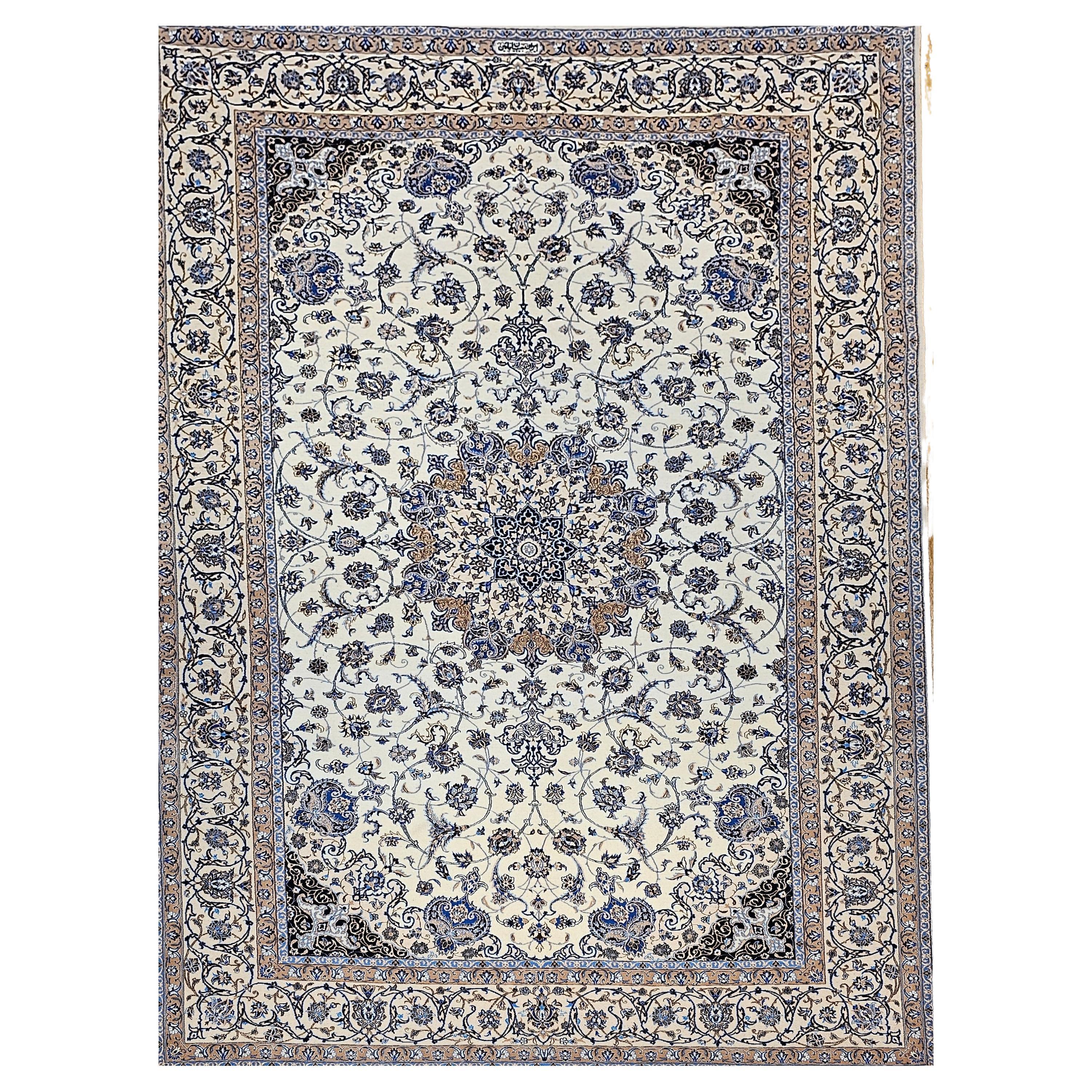 Extremely Fine Weave Persian Nain Habibian in Floral Pattern with Silk Highlight