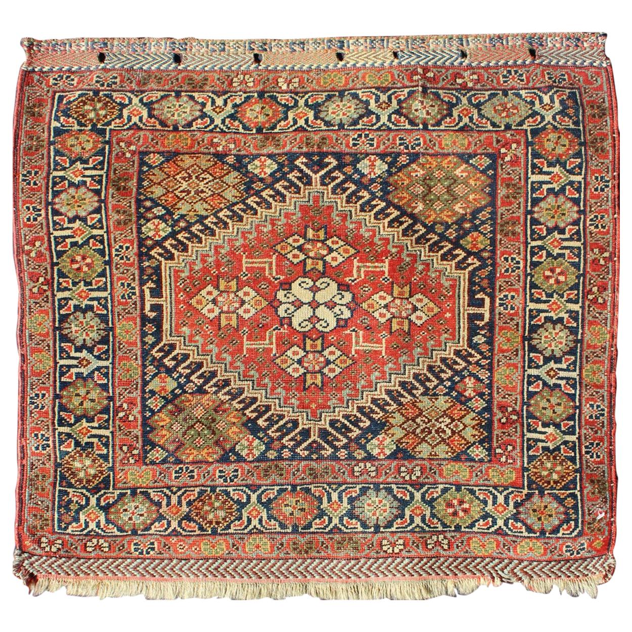 Extremely Finely Woven Antique Persian Qashqai Bag Face with Medallion For Sale