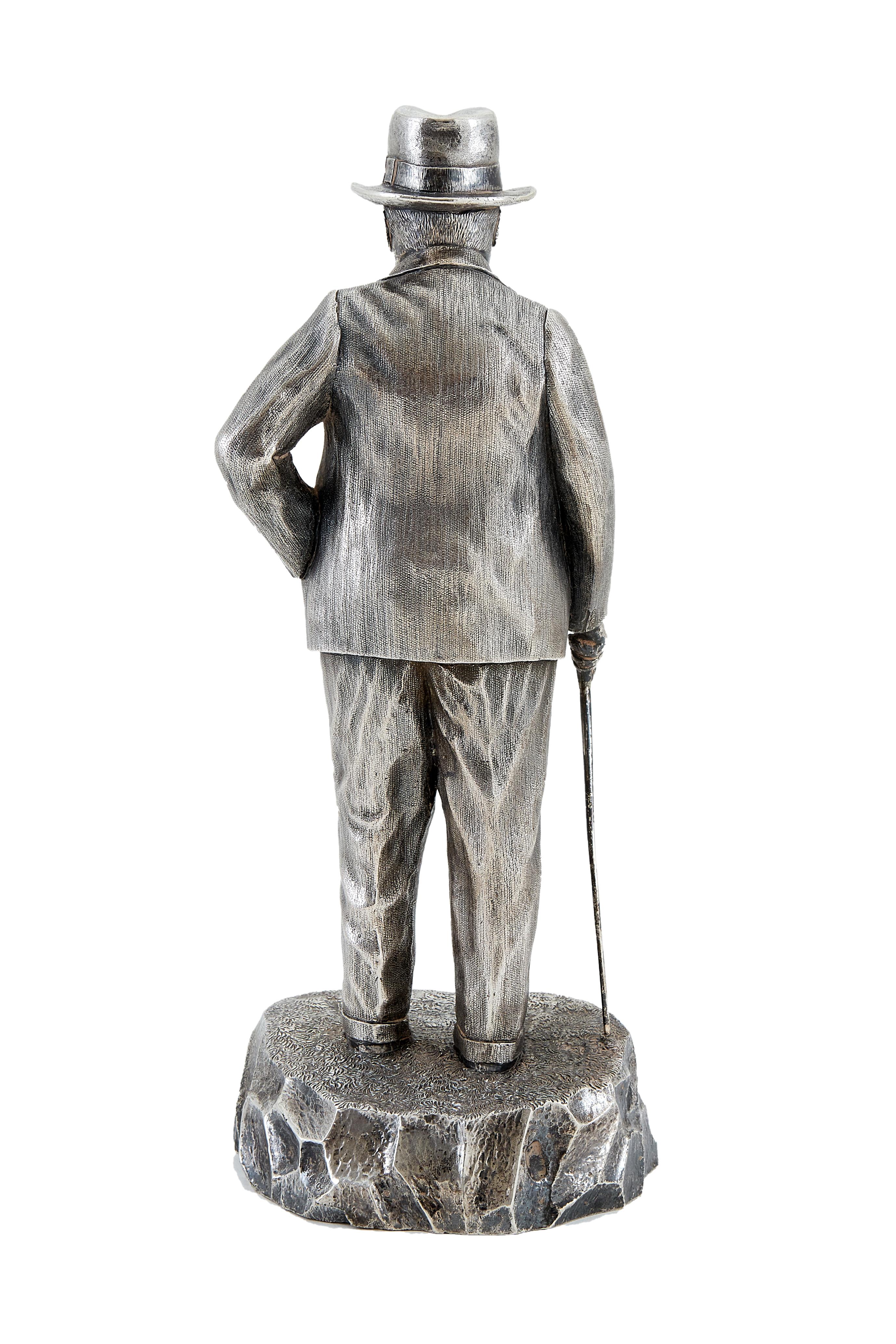 Late 20th Century Extremely Heavy Cast Silver Statuette of Prime Minister Winston Churchill