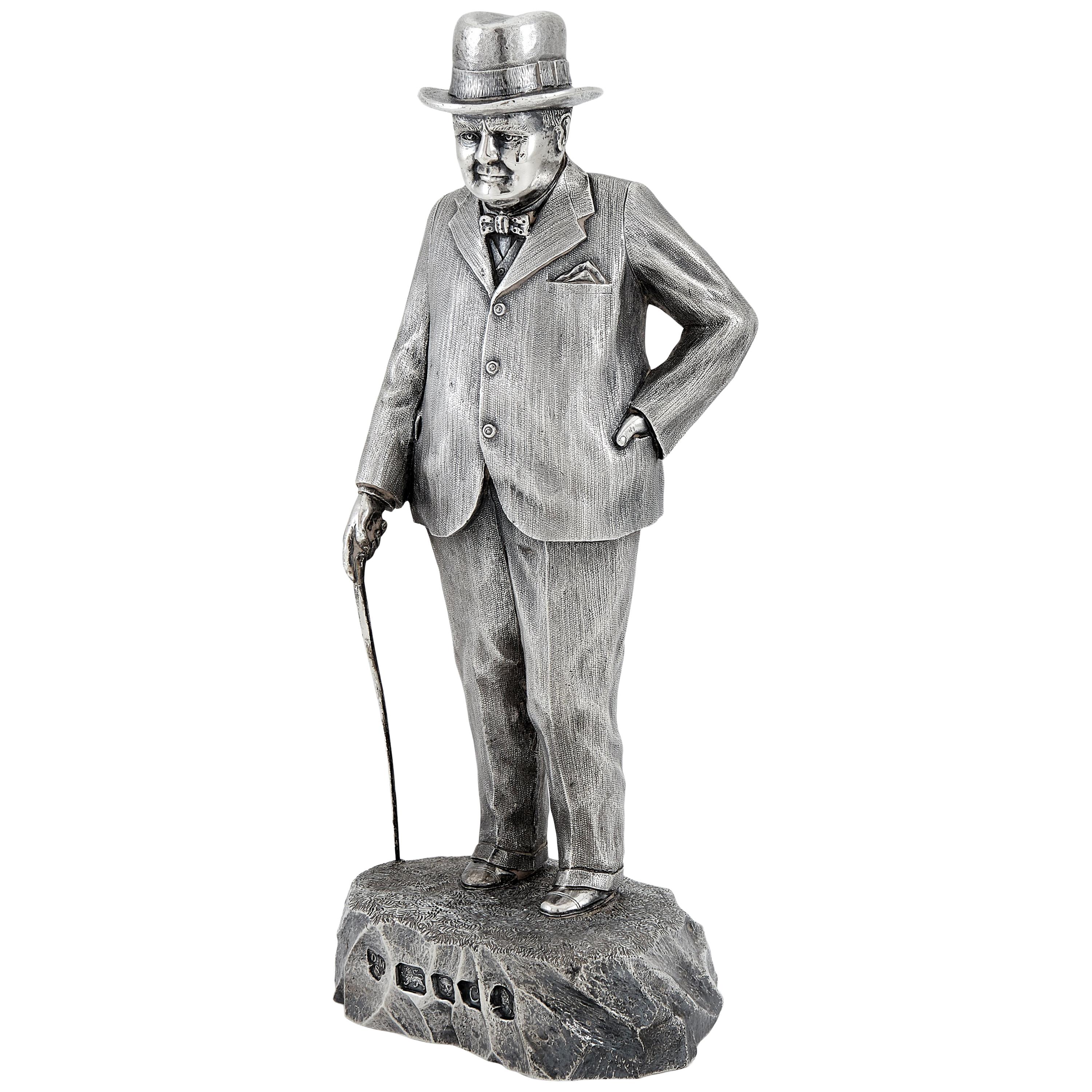 Extremely Heavy Cast Silver Statuette of Prime Minister Winston Churchill
