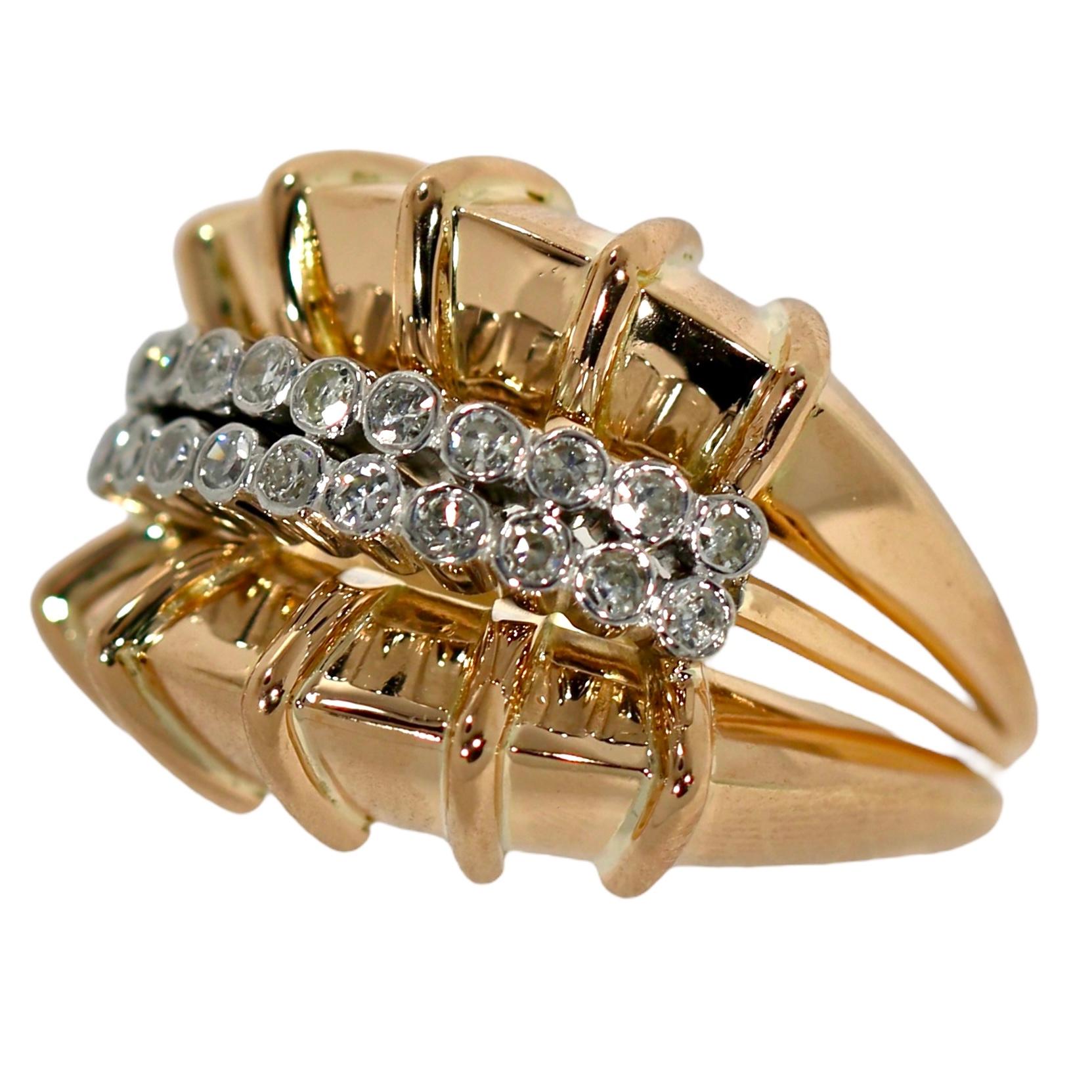 Extremely High Style 14K Rose Gold, Platinum and Diamond Retro Ring For Sale 5