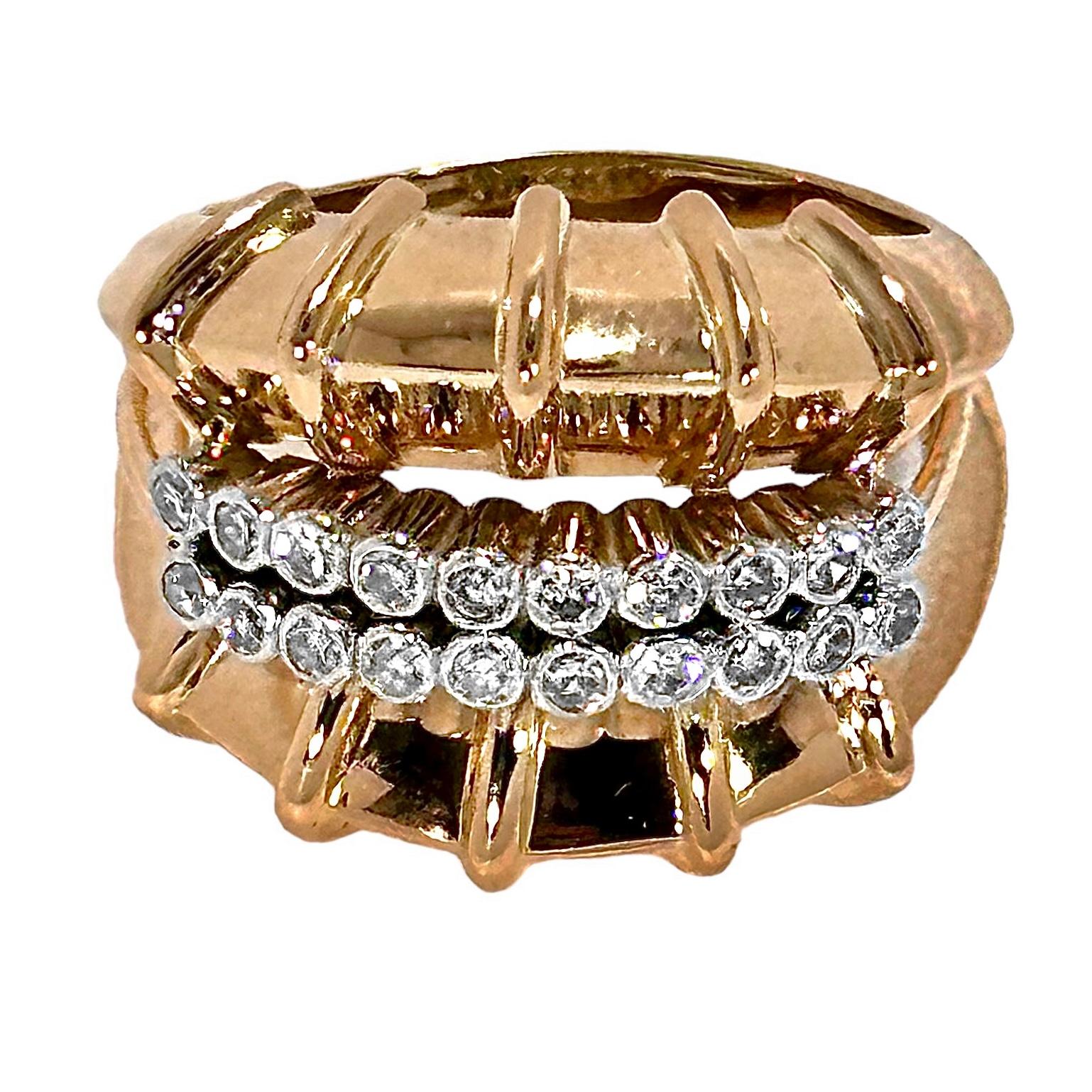 This dramatic and flamboyant Retro Period cocktail ring features twenty single cut diamonds set in platinum bezels, flanked by two very high knife edge ribbed panels. Total approximate diamond weight is .50ct, and overall quality is H/I color and