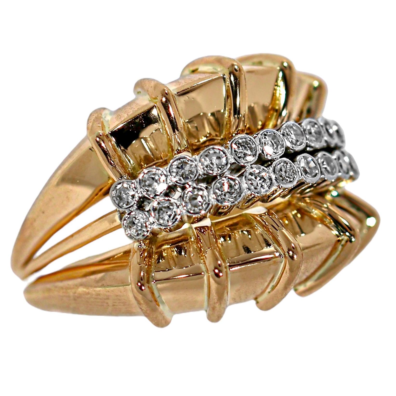 Single Cut Extremely High Style 14K Rose Gold, Platinum and Diamond Retro Ring For Sale