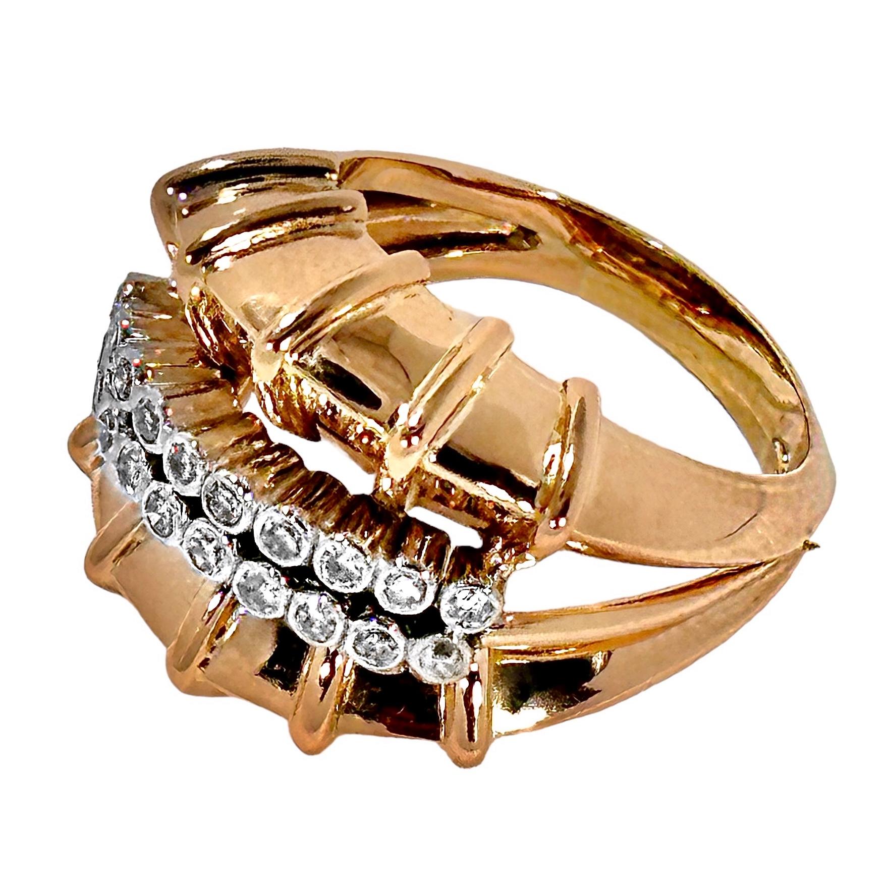 Extremely High Style 14K Rose Gold, Platinum and Diamond Retro Ring For Sale 4