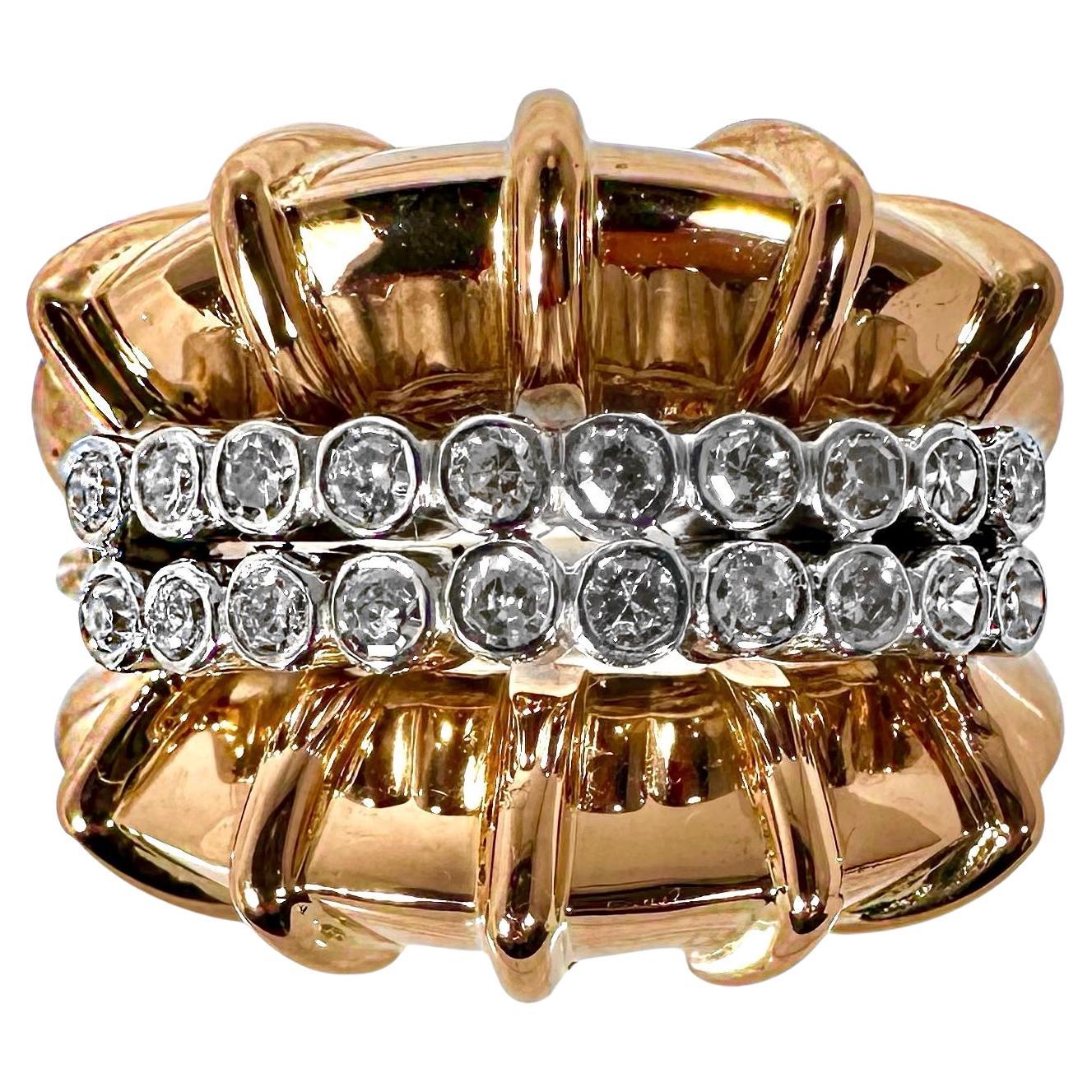 Extremely High Style 14K Rose Gold, Platinum and Diamond Retro Ring For Sale