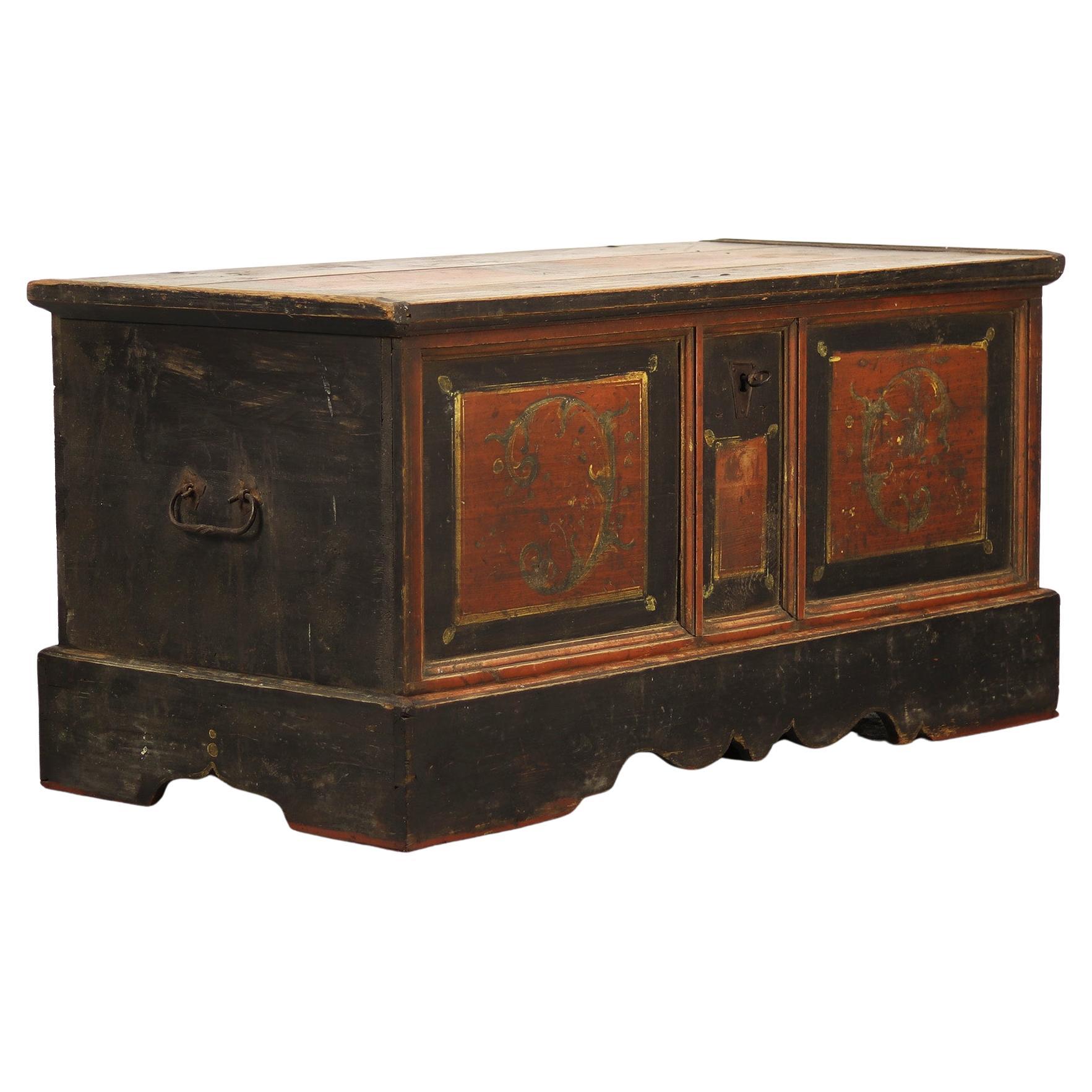 Extremely Large 19th Century Painted Folk Art Rustic Farmhouse Bridal Chest