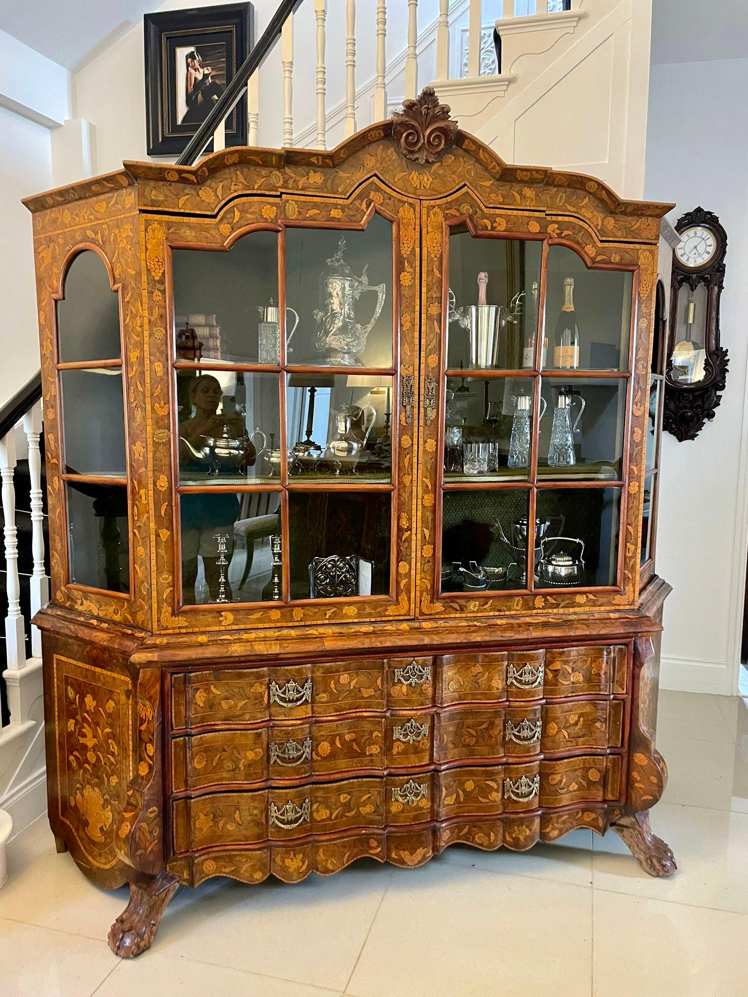 Dutch Extremely Large Antique Burr Walnut Floral Marquetry Inlaid Display Cabinet For Sale